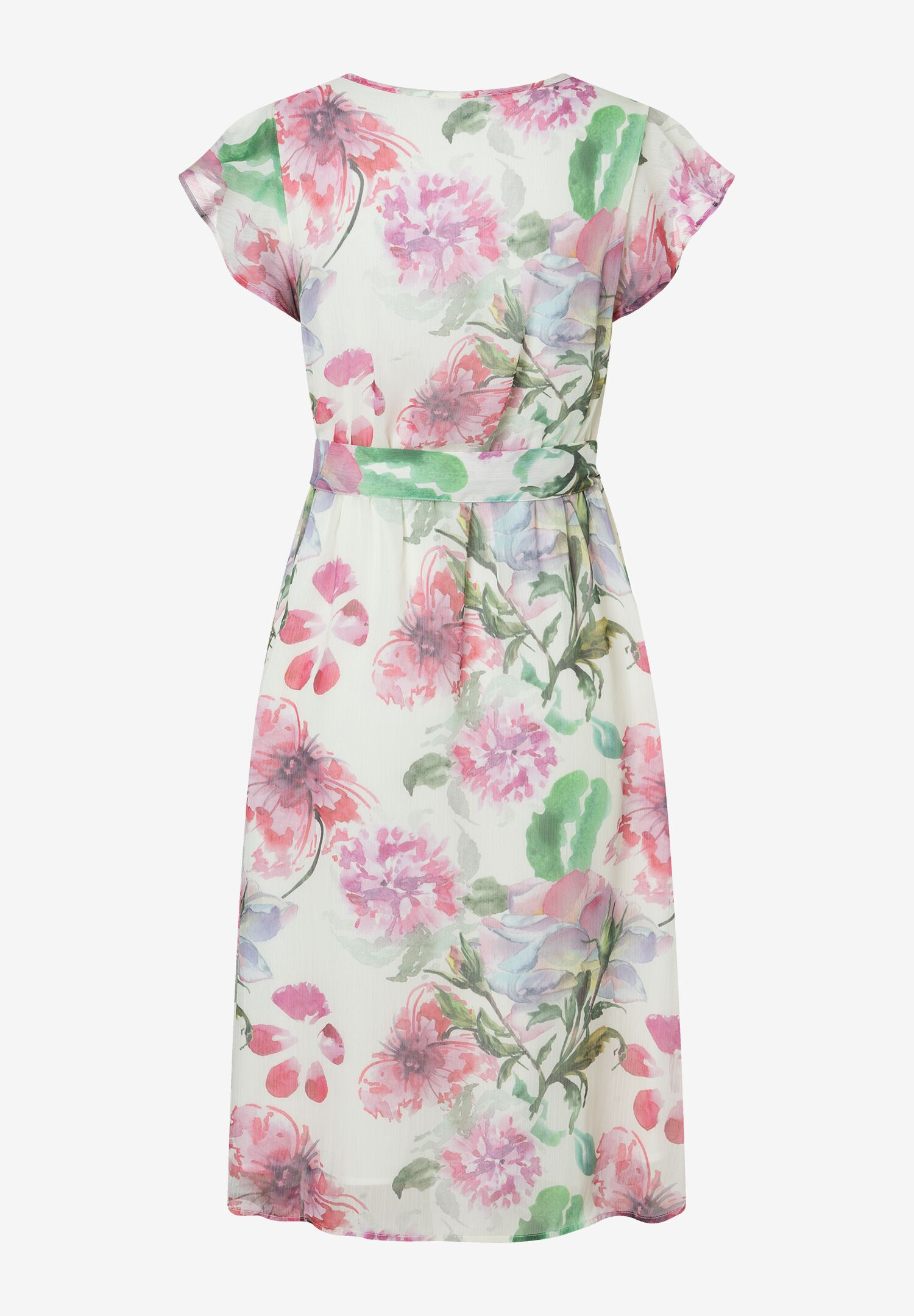 Ein Kleid von MORE & MORE mit floralem Muster und Gürtel in der Taille. Ein Kleid von MORE & MORE mit floralem Muster und Gürtel in der Taille.