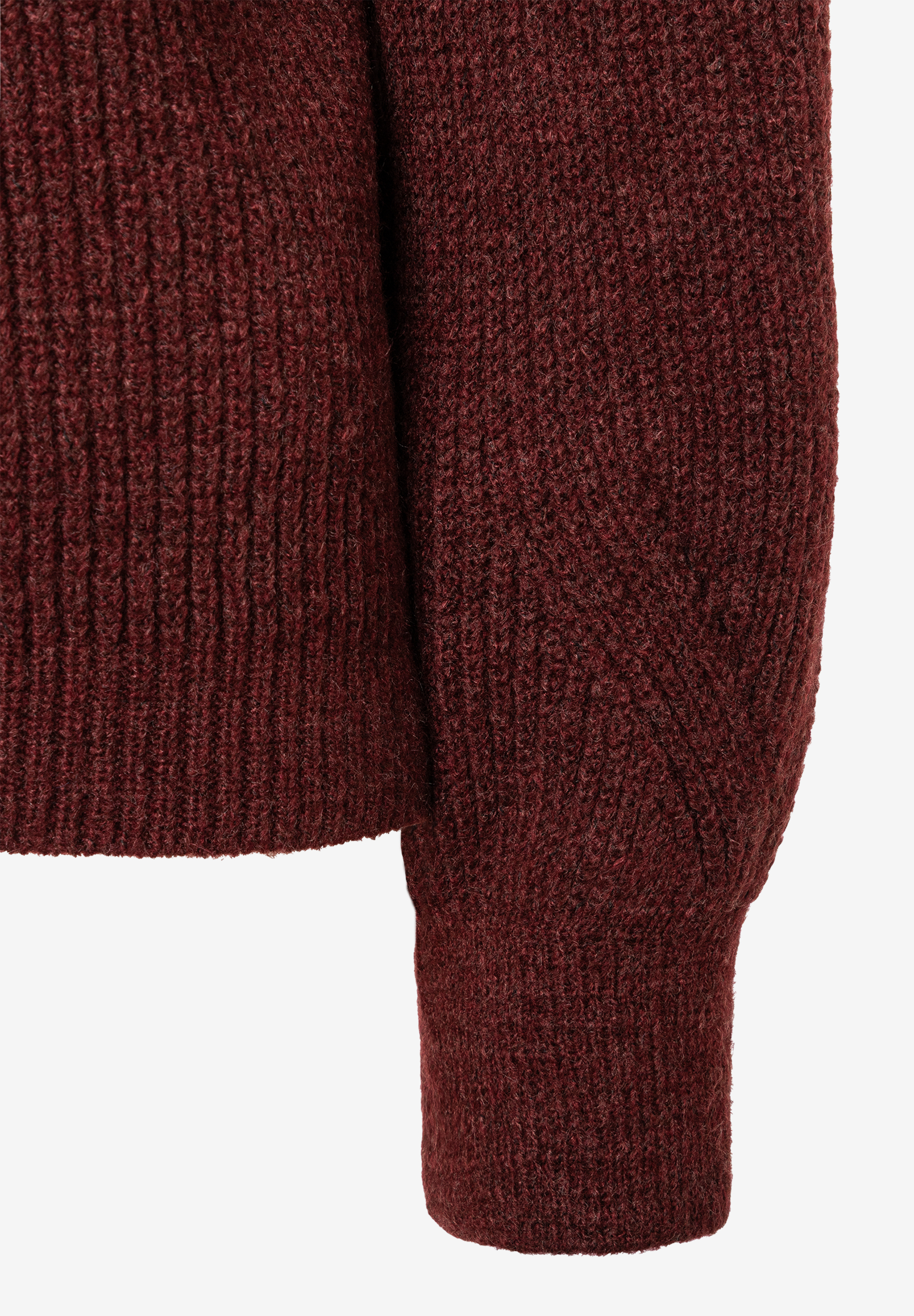 Nahaufnahme eines MORE & MORE Oberteils aus Strick in dunklem Rot mit Ärmel und Rippbündchen. Nahaufnahme eines MORE & MORE Oberteils aus Strick in dunklem Rot mit Ärmel und Rippbündchen.