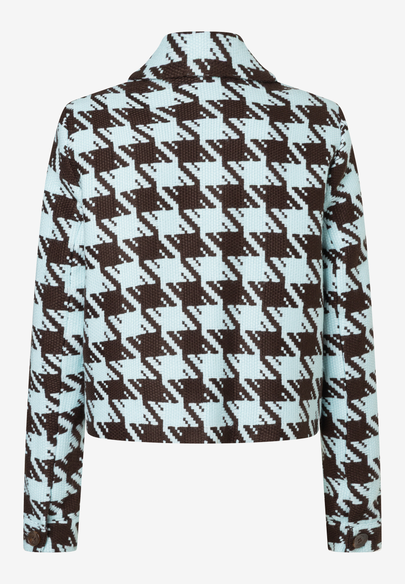 Rückansicht eines MORE & MORE Blazers mit Hahnentrittmuster in Braun und Hellblau. Rückansicht eines MORE & MORE Blazers mit Hahnentrittmuster in Braun und Hellblau.