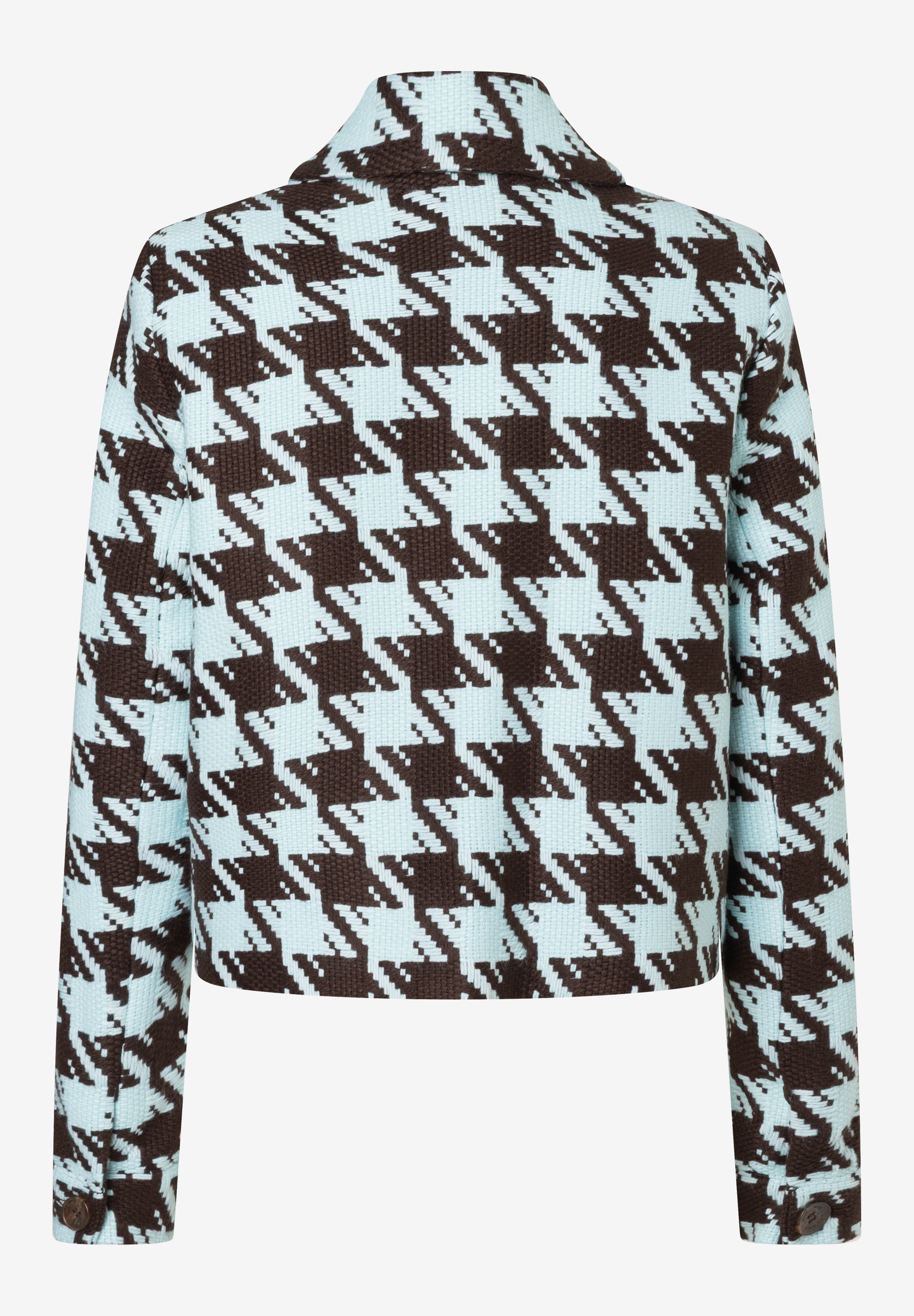 Rückansicht eines MORE & MORE Blazers mit Hahnentrittmuster in Braun und Hellblau. Rückansicht eines MORE & MORE Blazers mit Hahnentrittmuster in Braun und Hellblau.