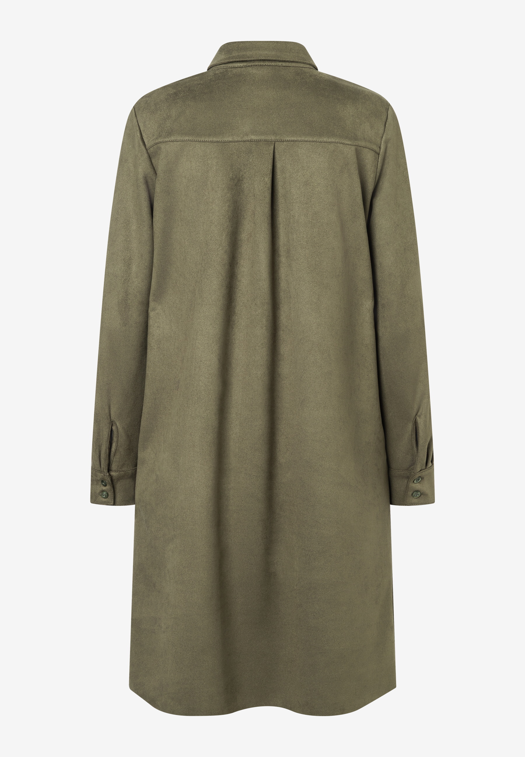 Rückansicht eines MORE & MORE Oberteils aus olivgrünem Kunstleder mit Knopfleiste und angenehmem Tragekomfort. Rückansicht eines MORE & MORE Oberteils aus olivgrünem Kunstleder mit Knopfleiste und angenehmem Tragekomfort.