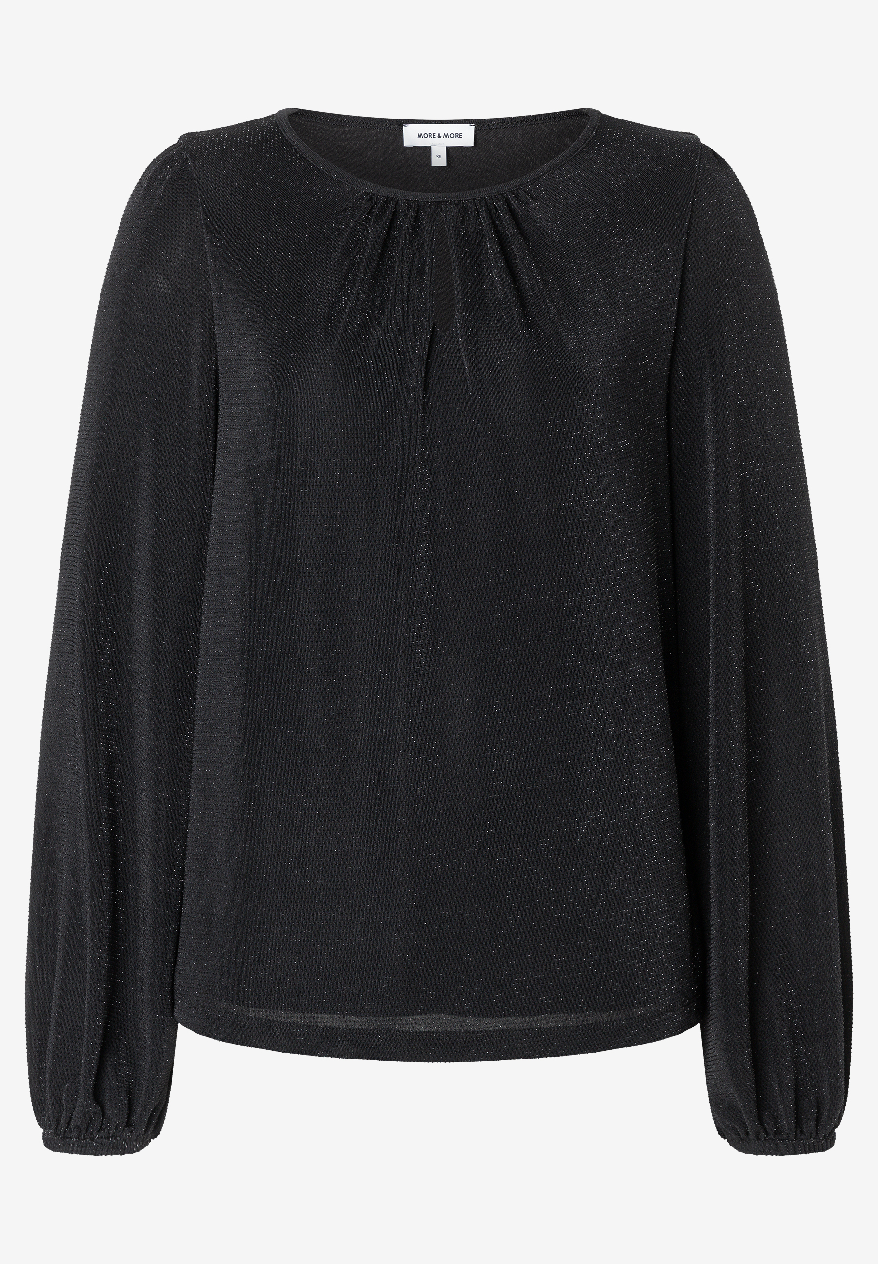 MORE & MORE Bluse in Schwarz mit Glitzer-Details. Lange Ärmel und geraffter Rundhalsausschnitt.