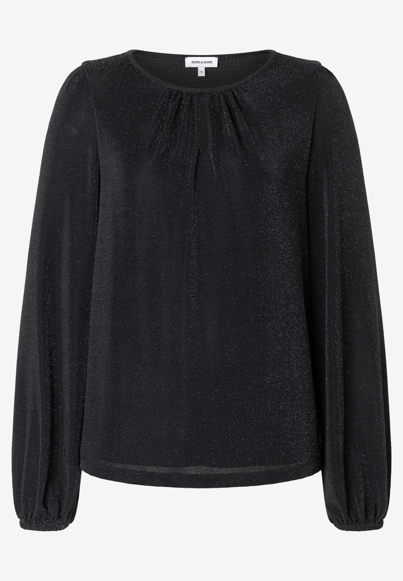 MORE & MORE Bluse in Schwarz mit Glitzer-Details. Lange Ärmel und geraffter Rundhalsausschnitt.