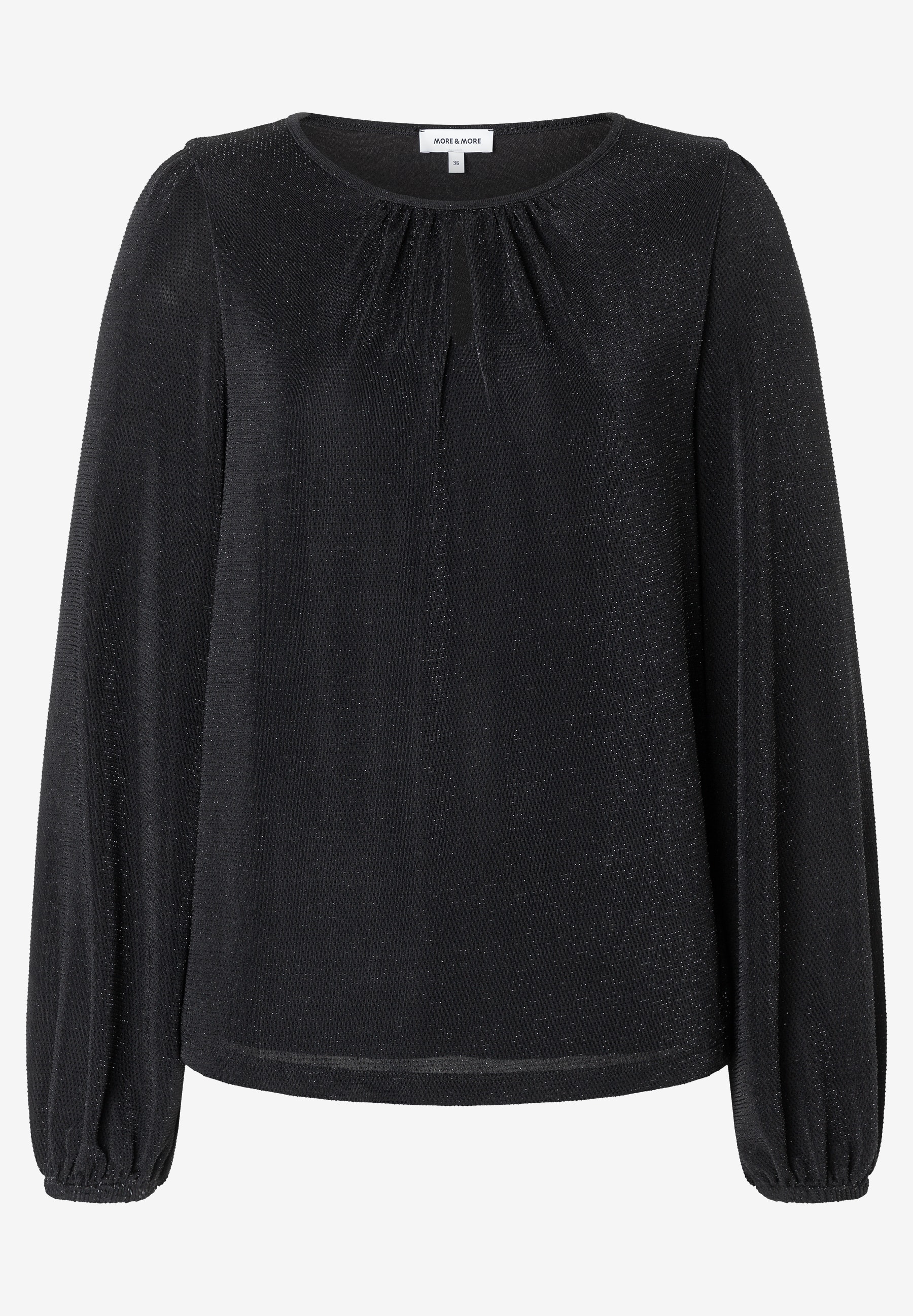 MORE & MORE Bluse in Schwarz mit Glitzer-Details. Lange Ärmel und geraffter Rundhalsausschnitt.