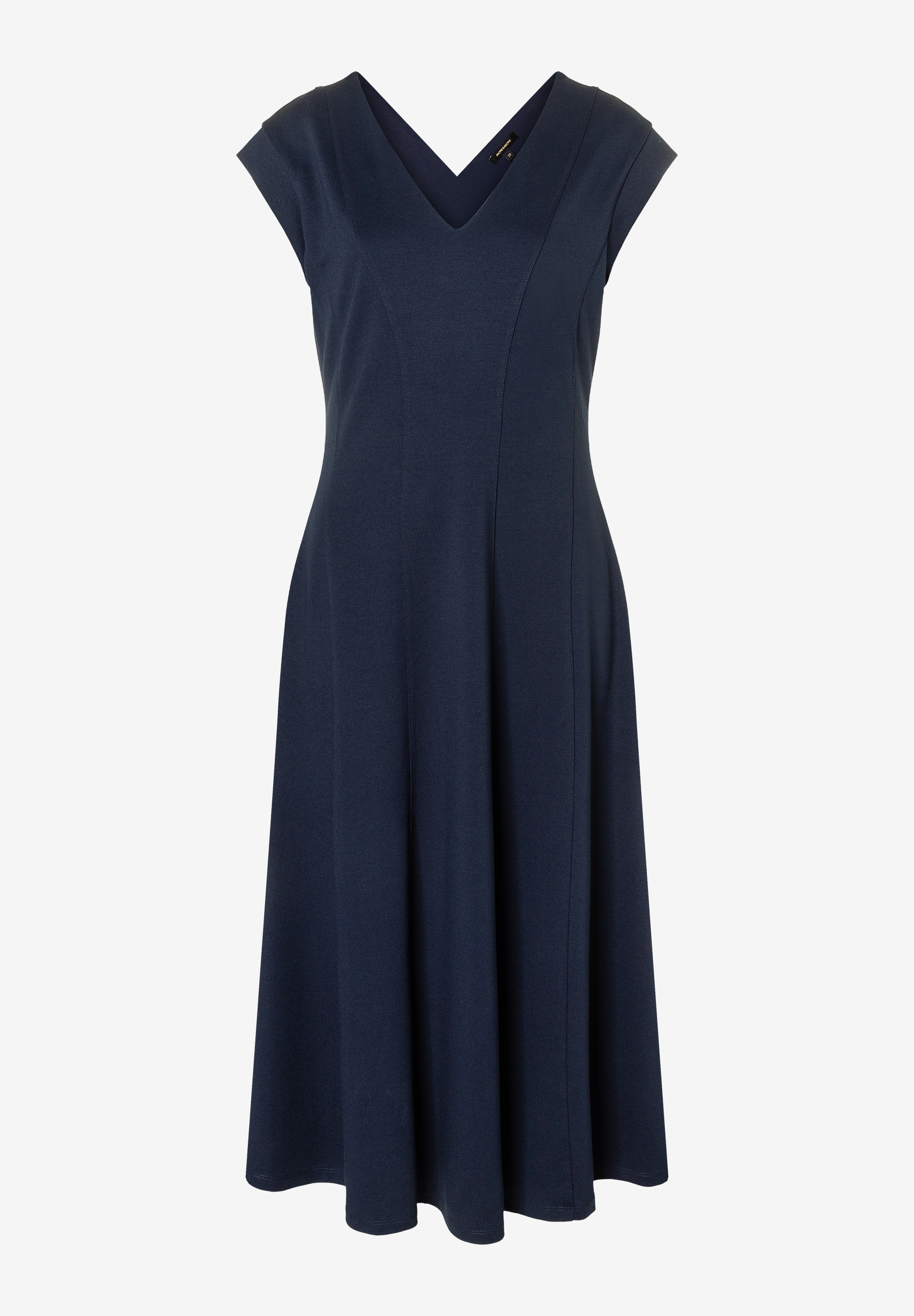 Ein dunkelblaues MORE & MORE Kleid mit V-Ausschnitt und kurzen Ärmeln, ausgestellt bis zur Wade. Ein dunkelblaues MORE & MORE Kleid mit V-Ausschnitt und kurzen Ärmeln, ausgestellt bis zur Wade.