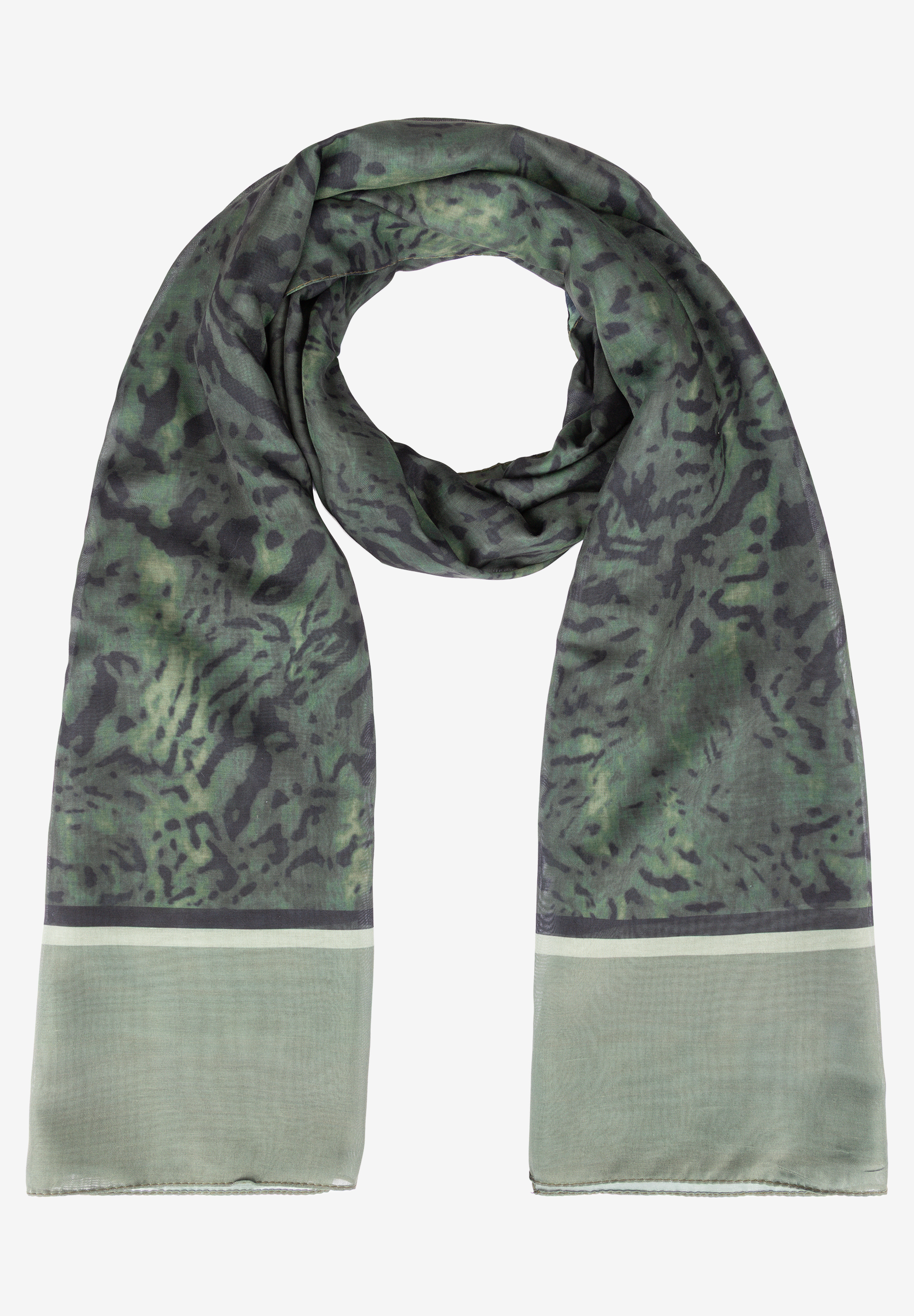 MORE & MORE Accessoire: Grüner Schal mit dunklem Allover-Muster, einer hellgrünen und einer dunkelgrauen Linie am Ende.