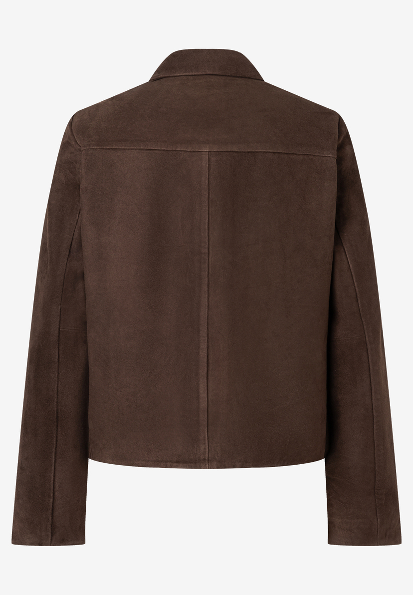 Die braune MORE & MORE Jacke hat einen klassischen Kragen und lange Ärmel. Oberteil, rückseitige Ansicht. Die braune MORE & MORE Jacke hat einen klassischen Kragen und lange Ärmel. Oberteil, rückseitige Ansicht.