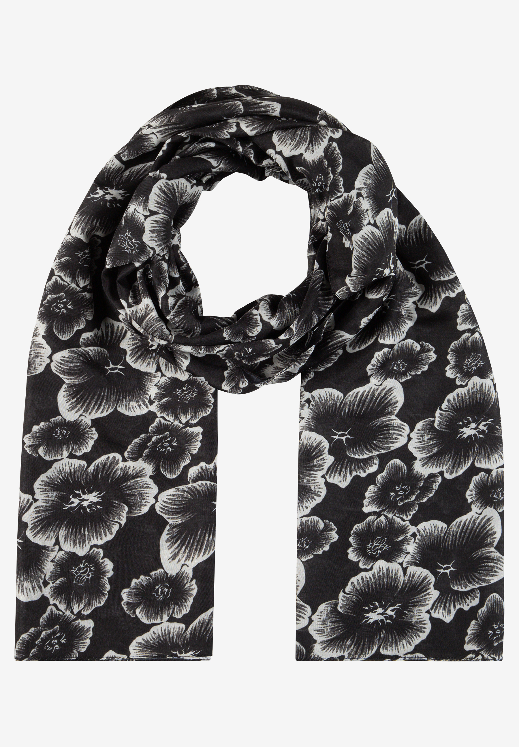 MORE & MORE Accessoire: Schwarz-weißer Schal mit Blumenmuster, elegant um den Hals drapiert vor grauem Hintergrund.