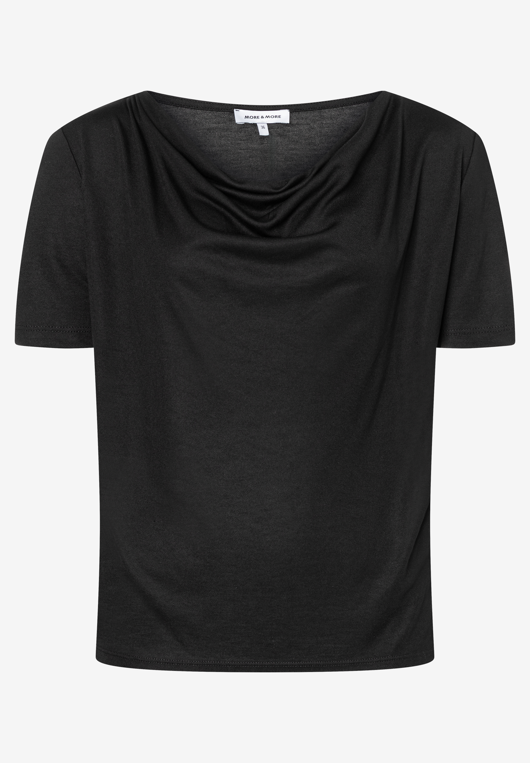 Ein schwarzes MORE & MORE Jersey-Oberteil mit kurzem Arm und Wasserfallkragen. Ein schwarzes MORE & MORE Jersey-Oberteil mit kurzem Arm und Wasserfallkragen.