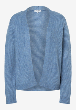 MORE & MORE Damen Strickjacke/Pullover in Hellblau mit offenem Schnitt, liegend auf weißem Hintergrund.