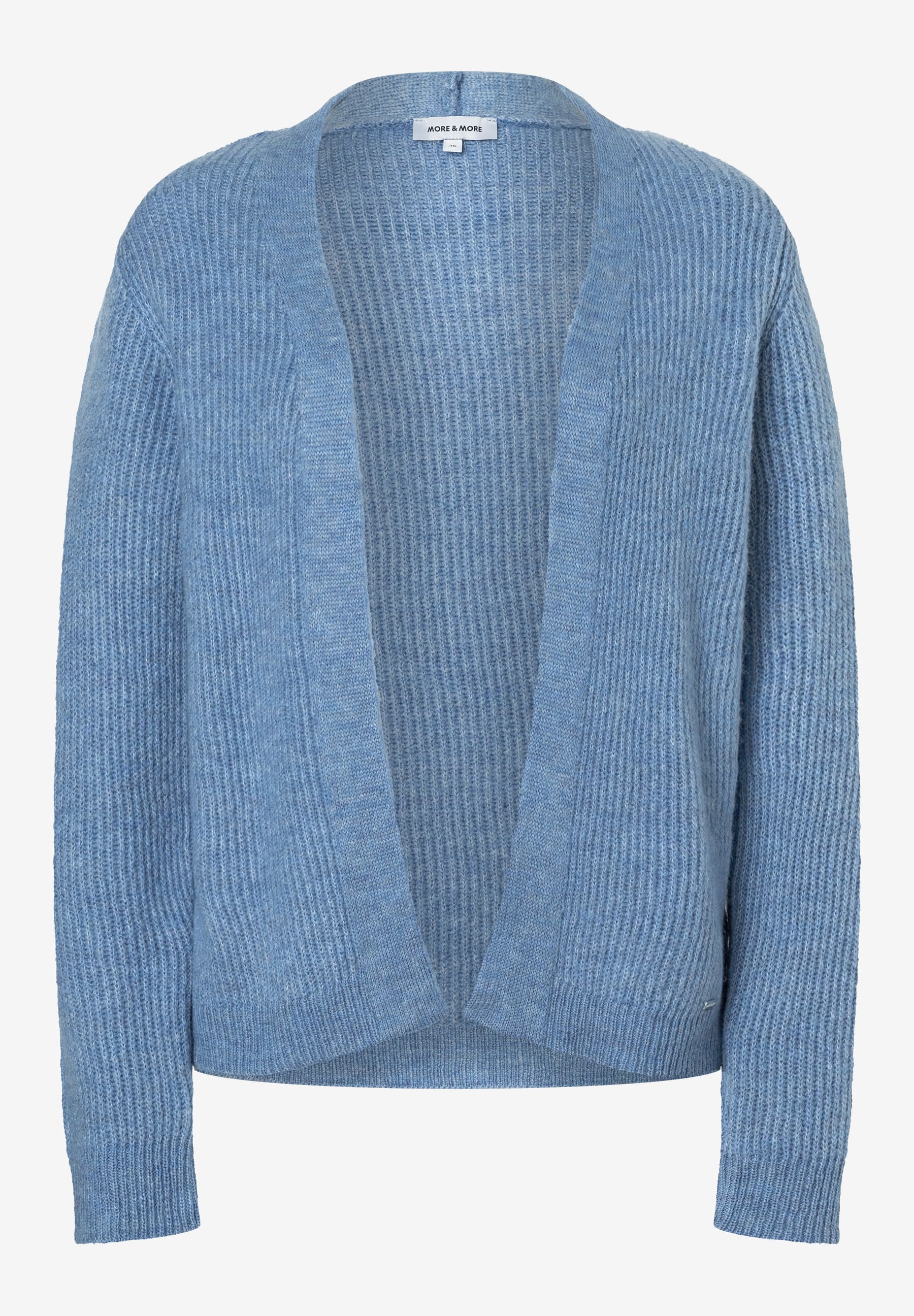 MORE & MORE Damen Strickjacke/Pullover in Hellblau mit offenem Schnitt, liegend auf weißem Hintergrund. MORE & MORE Damen Strickjacke/Pullover in Hellblau mit offenem Schnitt, liegend auf weißem Hintergrund.