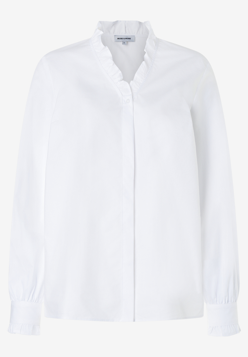 MORE & MORE weiße Bluse mit Rüschenkragen und Knopfleiste, langen Ärmeln mit Manschetten und Rüschen am Bund MORE & MORE weiße Bluse mit Rüschenkragen und Knopfleiste, langen Ärmeln mit Manschetten und Rüschen am Bund