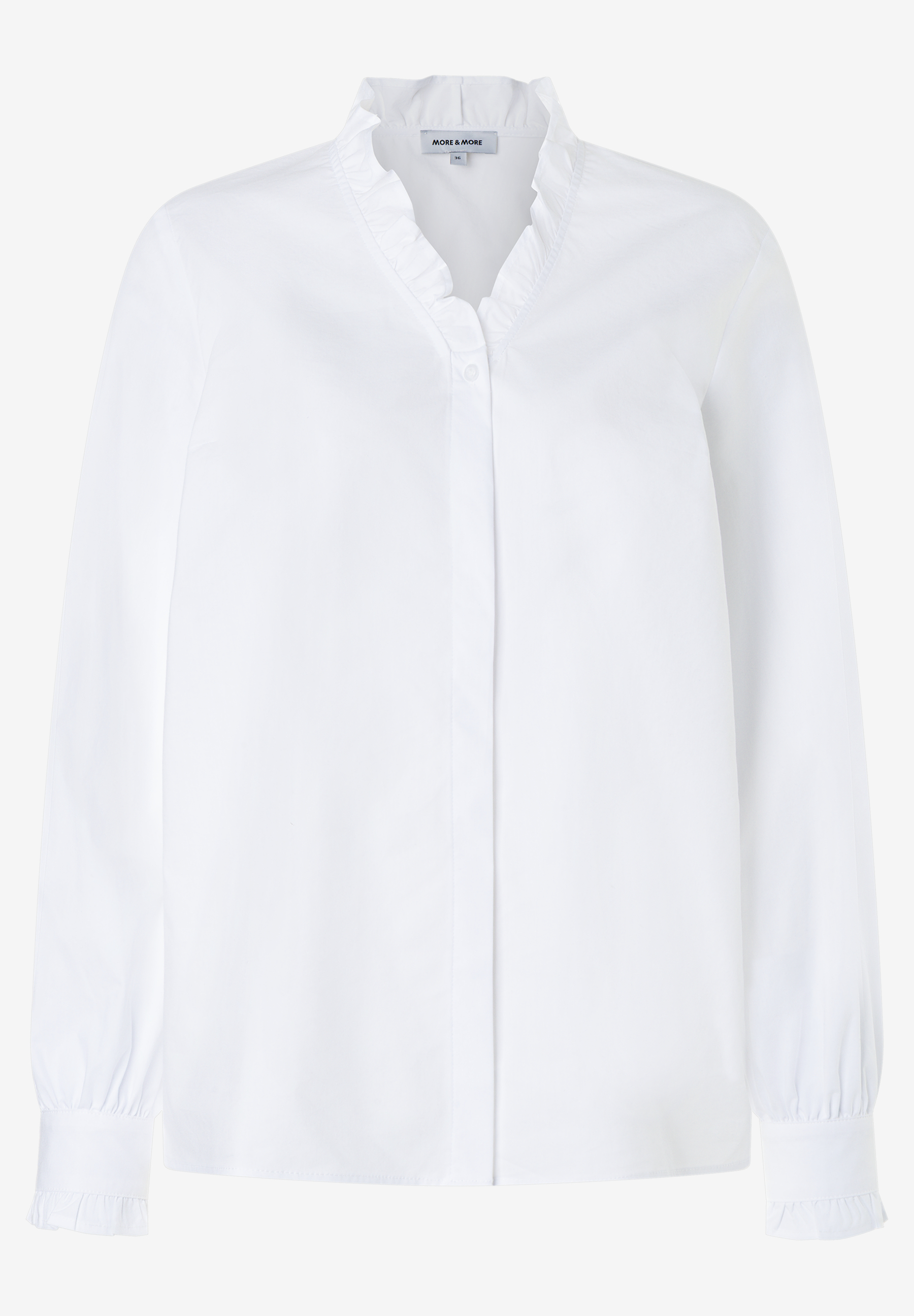 MORE & MORE weiße Bluse mit Rüschenkragen und Knopfleiste, langen Ärmeln mit Manschetten und Rüschen am Bund MORE & MORE weiße Bluse mit Rüschenkragen und Knopfleiste, langen Ärmeln mit Manschetten und Rüschen am Bund
