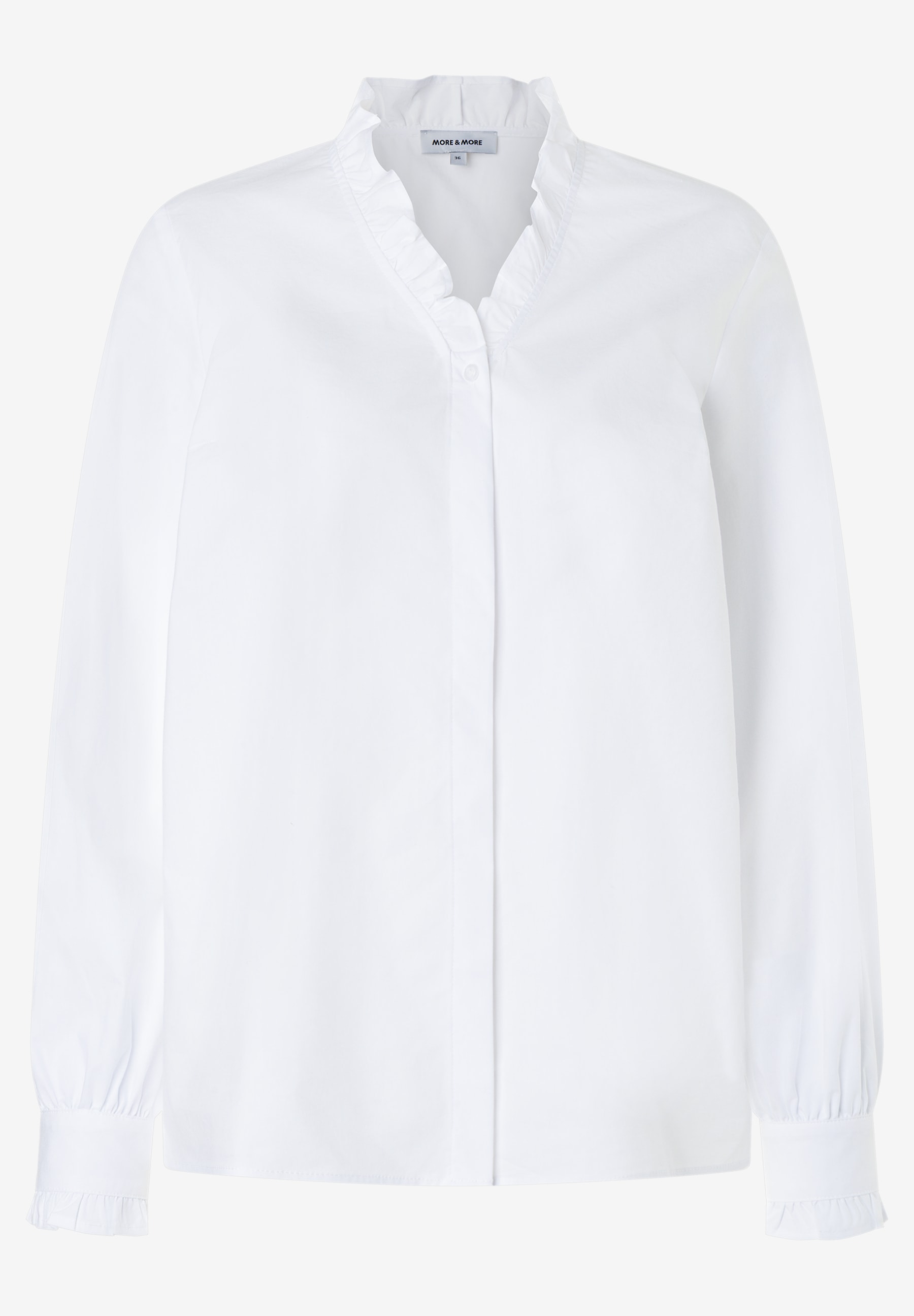 MORE & MORE weiße Bluse mit Rüschenkragen und Knopfleiste, langen Ärmeln mit Manschetten und Rüschen am Bund MORE & MORE weiße Bluse mit Rüschenkragen und Knopfleiste, langen Ärmeln mit Manschetten und Rüschen am Bund