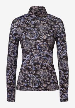 MORE & MORE Langarm-Shirt mit Stehkragen und Paisley-Muster in Schwarz, Beige und Lavendel
