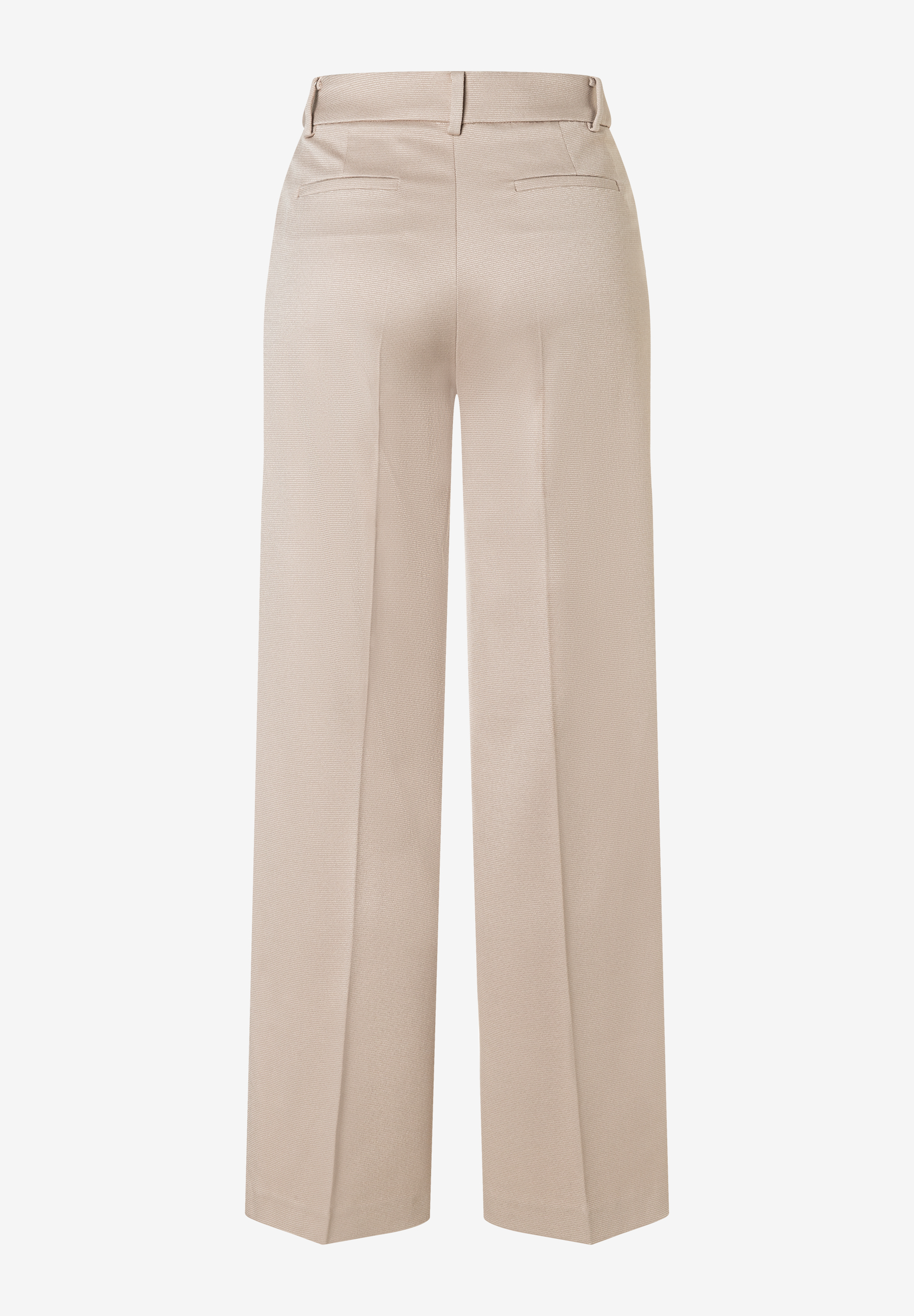 Eine MORE & MORE Hose/Jeans in Beige von hinten, mit Gürtel, geraden Beinen und Bügelfalten. Eine MORE & MORE Hose/Jeans in Beige von hinten, mit Gürtel, geraden Beinen und Bügelfalten.