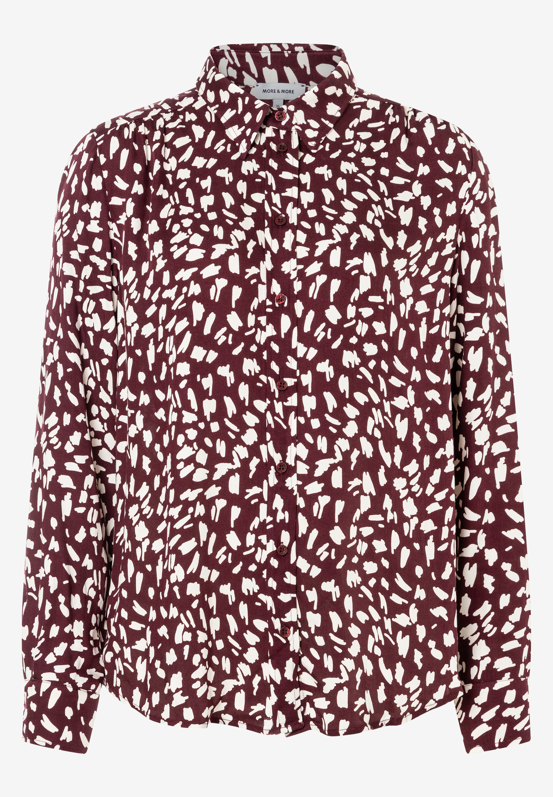 MORE & MORE Bluse: Bordeauxrot mit weißen Tupfenmuster, durchgehende Knopfleiste, klassischer Kragen und lange Ärmel.