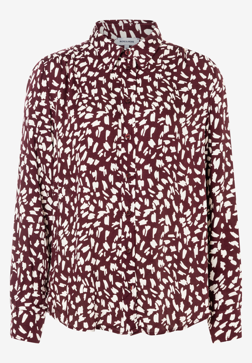 MORE & MORE Bluse: Bordeauxrot mit weißen Tupfenmuster, durchgehende Knopfleiste, klassischer Kragen und lange Ärmel.