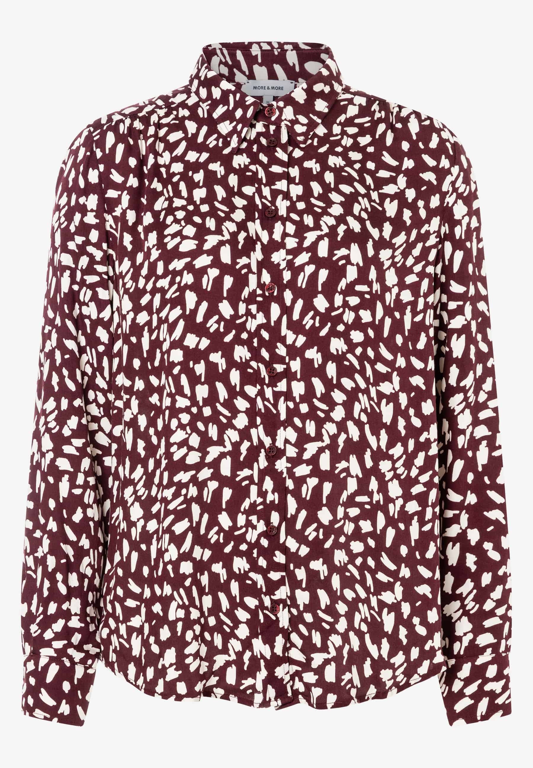 MORE & MORE Bluse: Bordeauxrot mit weißen Tupfenmuster, durchgehende Knopfleiste, klassischer Kragen und lange Ärmel. MORE & MORE Bluse: Bordeauxrot mit weißen Tupfenmuster, durchgehende Knopfleiste, klassischer Kragen und lange Ärmel.