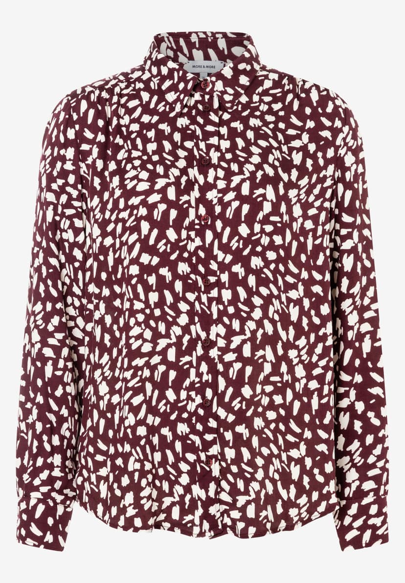 MORE & MORE Bluse: Bordeauxrot mit weißen Tupfenmuster, durchgehende Knopfleiste, klassischer Kragen und lange Ärmel. MORE & MORE Bluse: Bordeauxrot mit weißen Tupfenmuster, durchgehende Knopfleiste, klassischer Kragen und lange Ärmel.