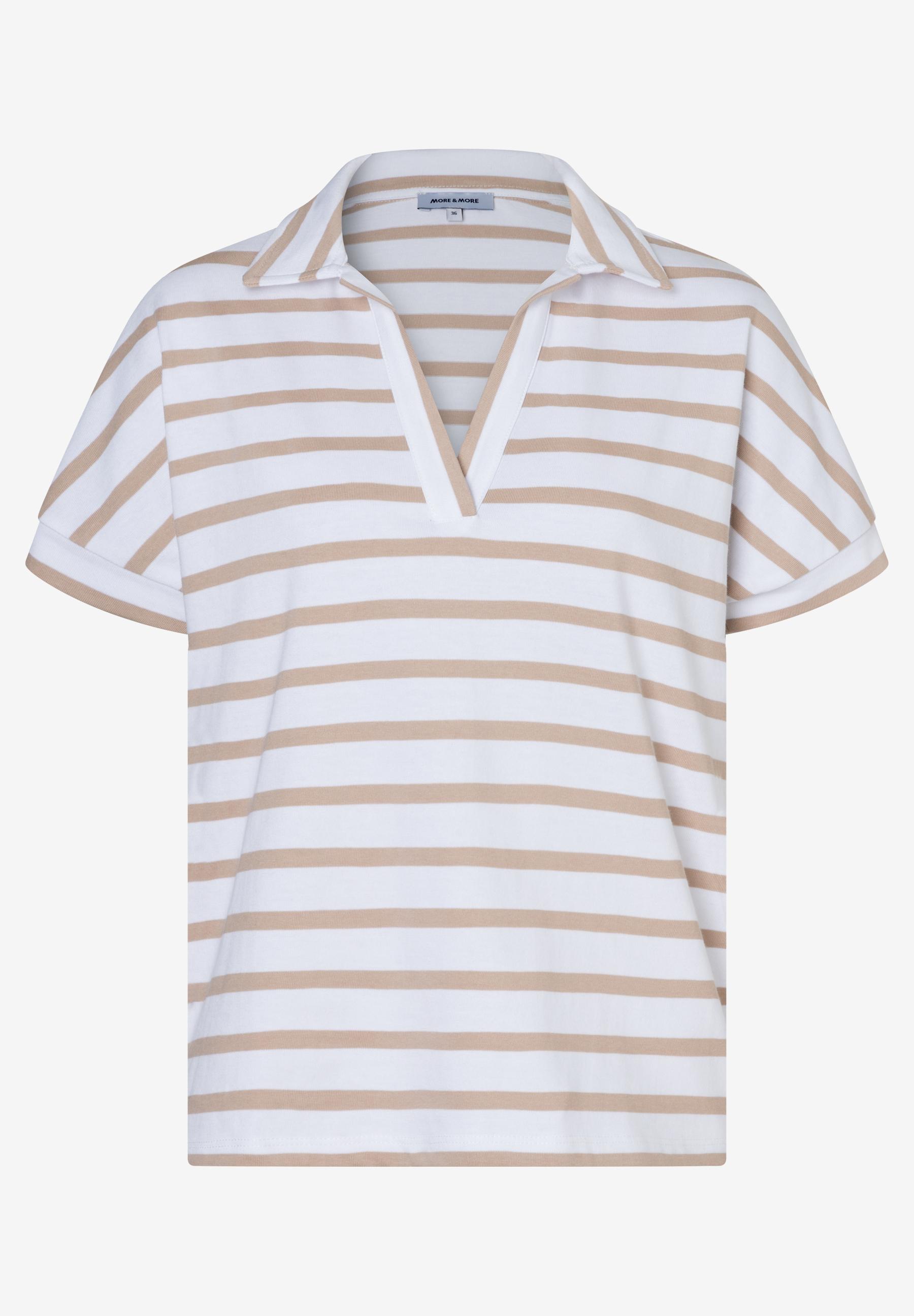 Ein MORE & MORE T-Shirt mit weißen und beigen Streifen.