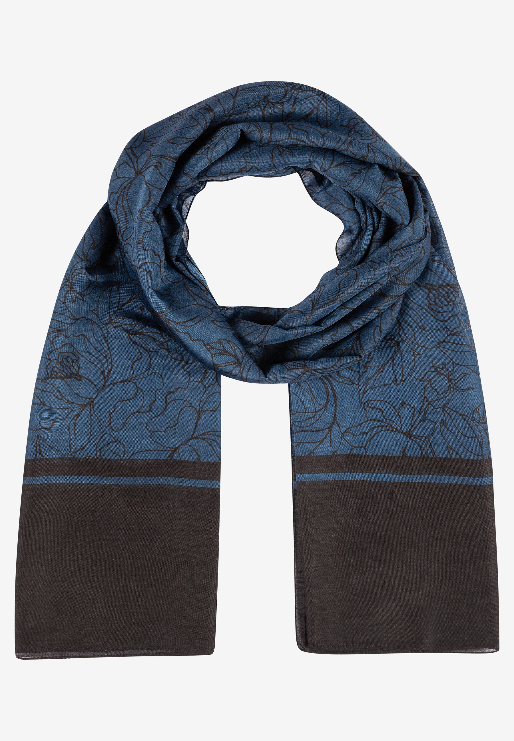 Ein blauer MORE & MORE Schal mit braunen Blüten und braunen Enden liegt auf einem weißen Untergrund. Ein blauer MORE & MORE Schal mit braunen Blüten und braunen Enden liegt auf einem weißen Untergrund.