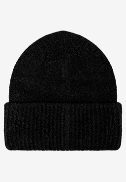 MORE & MORE schwarze Mütze aus Strick mit umschlagbarem Rippstrickrand, vorne mittig.
