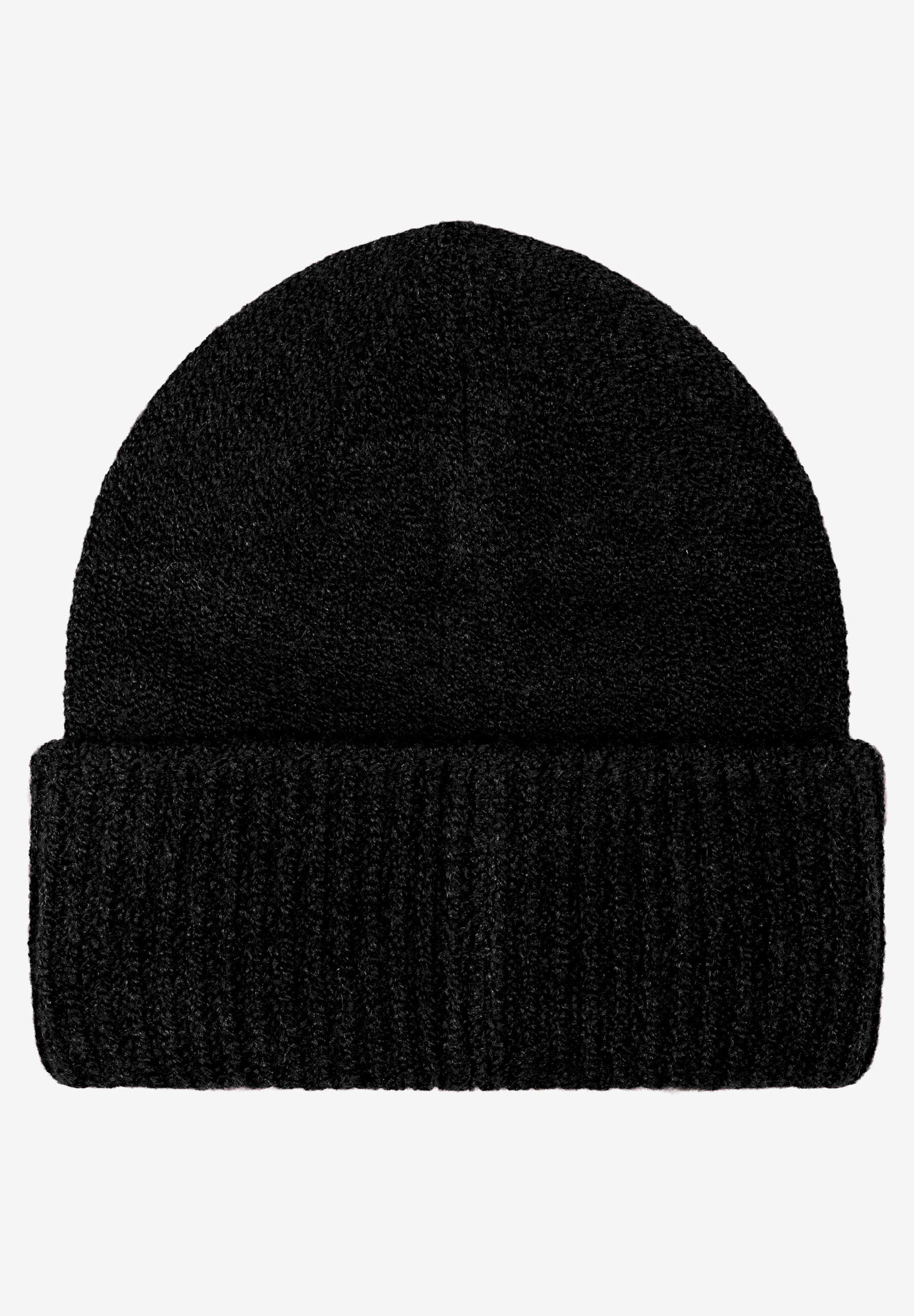 MORE & MORE schwarze Mütze aus Strick mit umschlagbarem Rippstrickrand, vorne mittig.