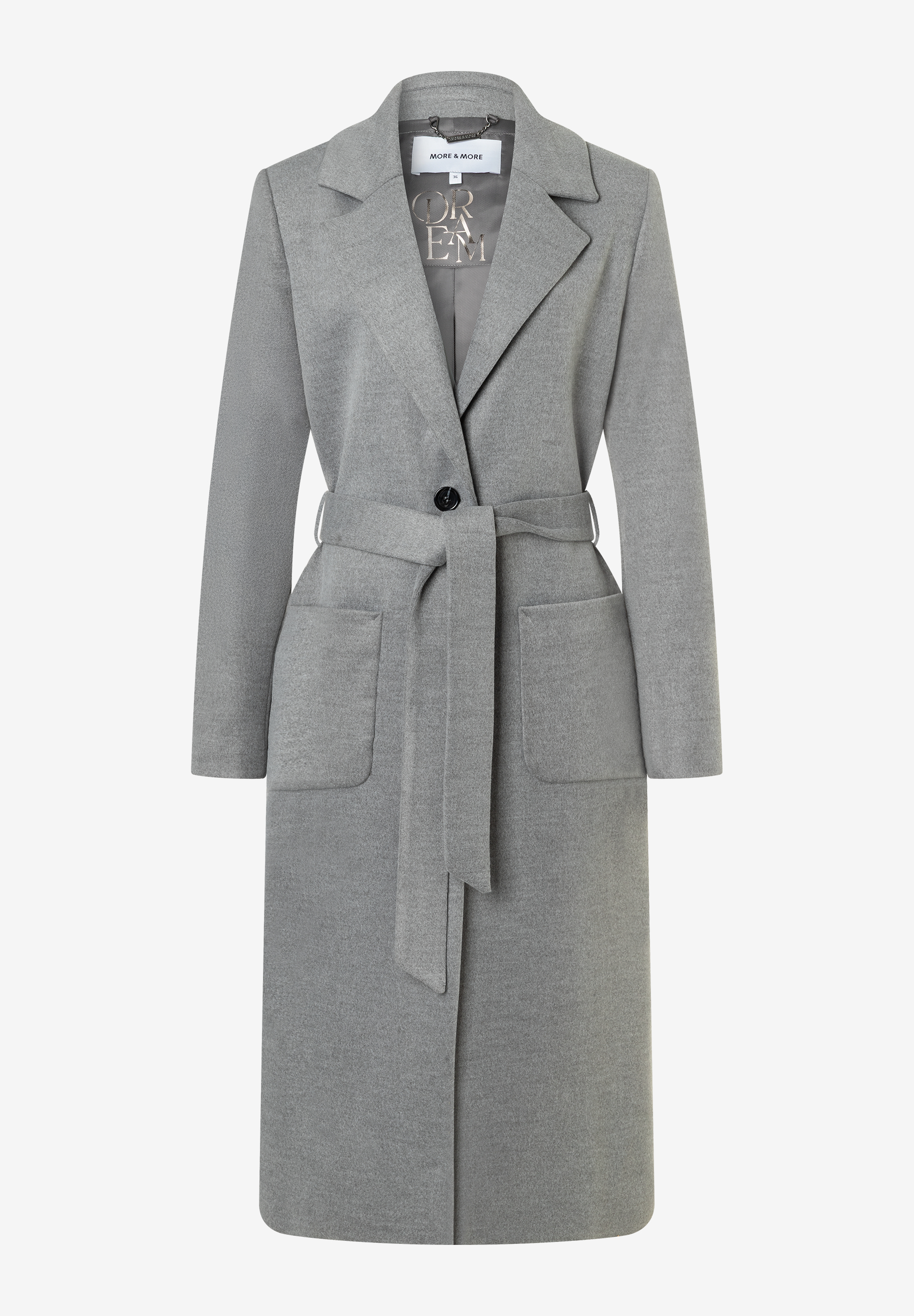 Ein grauer MORE & MORE Webware-Mantel mit angenehmem Tragekomfort und einem passenden Gürtel. Ein grauer MORE & MORE Webware-Mantel mit angenehmem Tragekomfort und einem passenden Gürtel.