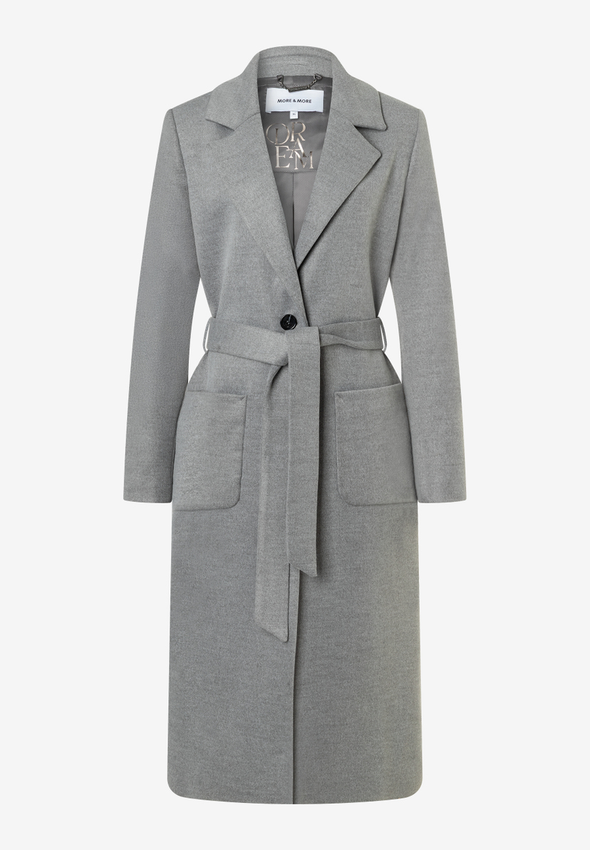 Ein grauer MORE & MORE Webware-Mantel mit angenehmem Tragekomfort und einem passenden Gürtel. Ein grauer MORE & MORE Webware-Mantel mit angenehmem Tragekomfort und einem passenden Gürtel.