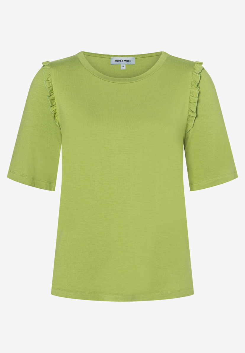 Ein apfelgrünes MORE & MORE T-Shirt mit kurzen Ärmeln und Rüschen an den Schultern. Ein apfelgrünes MORE & MORE T-Shirt mit kurzen Ärmeln und Rüschen an den Schultern.