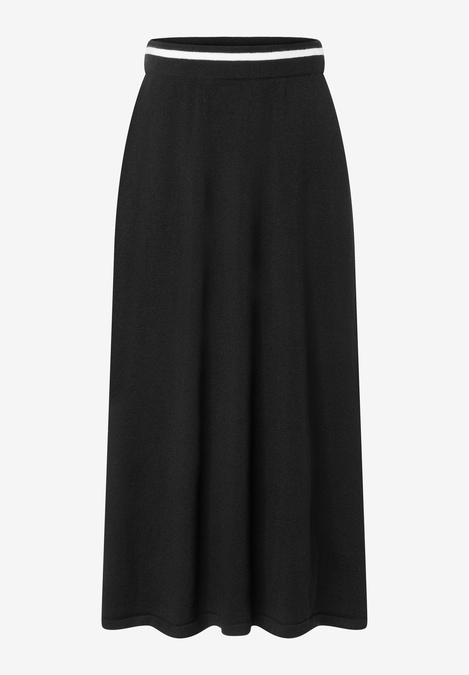 Ein schwarzer Feinstrickrock von MORE & MORE mit einem weißen Streifen am Bund. Ein schwarzer Feinstrickrock von MORE & MORE mit einem weißen Streifen am Bund.