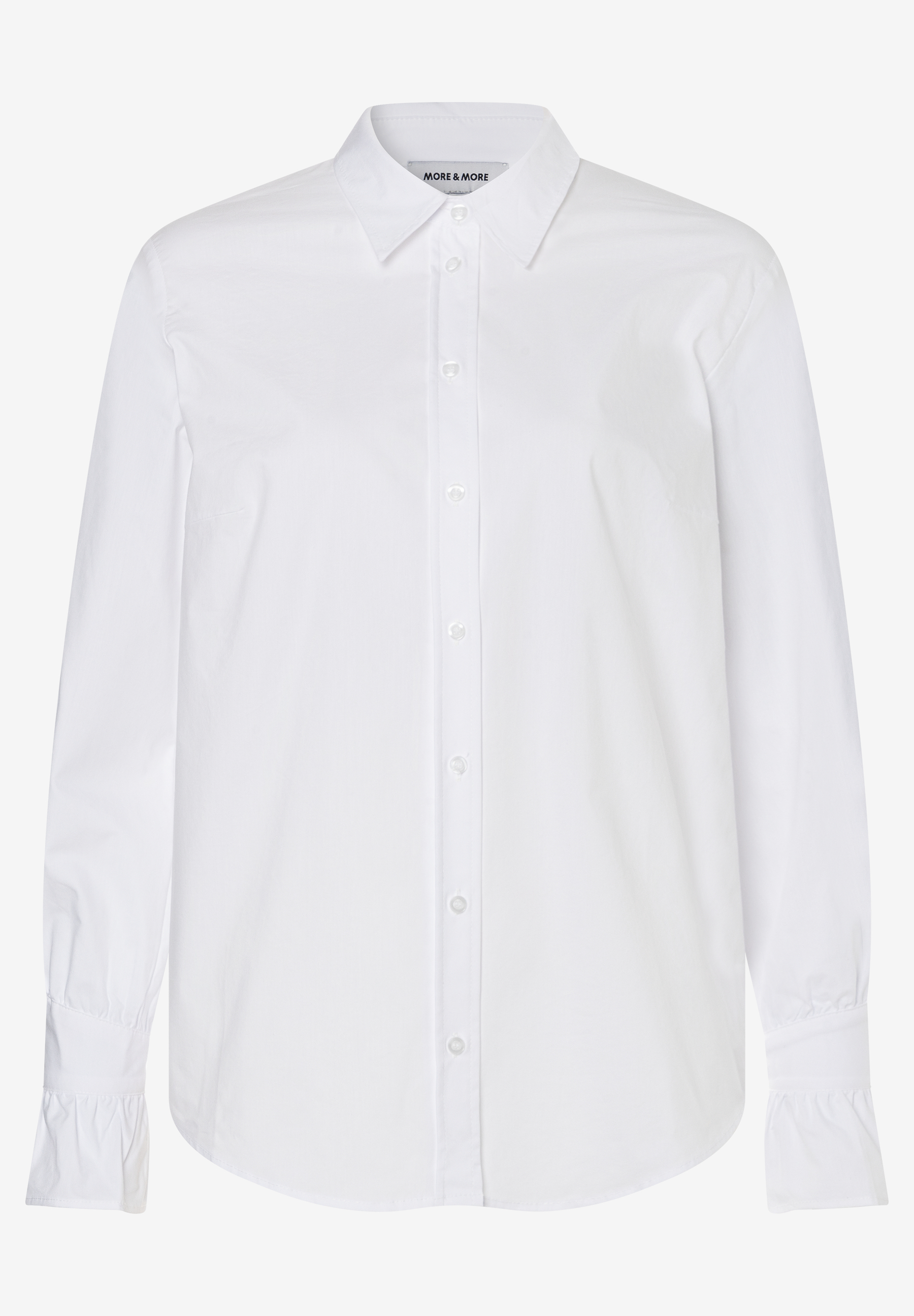 MORE & MORE weiße Bluse mit Rüschen-Bündchen, Hemdkragen und verdeckter Knopfleiste.