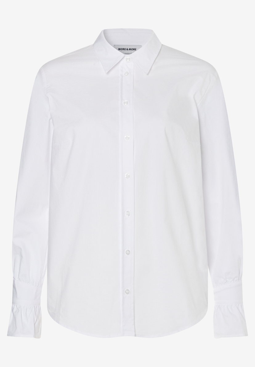 MORE & MORE weiße Bluse mit Rüschen-Bündchen, Hemdkragen und verdeckter Knopfleiste.