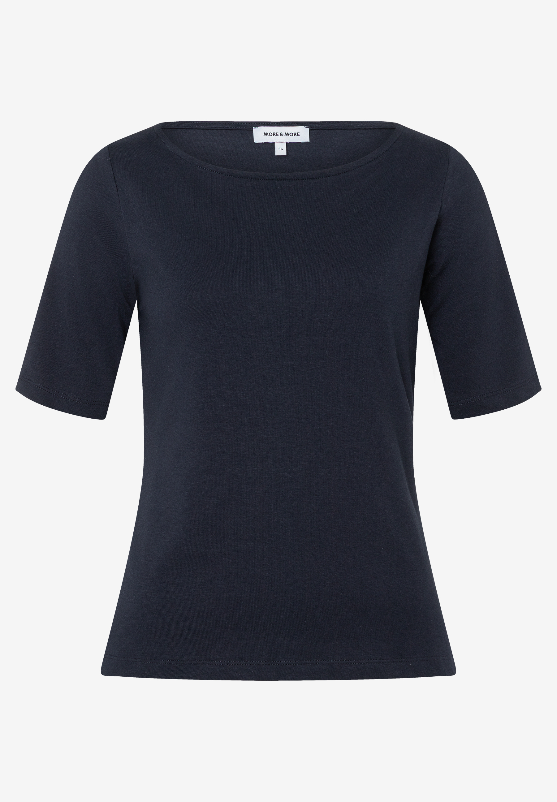 Ein marineblaues MORE & MORE T-Shirt mit kurzen Ärmeln und Jersey-Material. Ein marineblaues MORE & MORE T-Shirt mit kurzen Ärmeln und Jersey-Material.