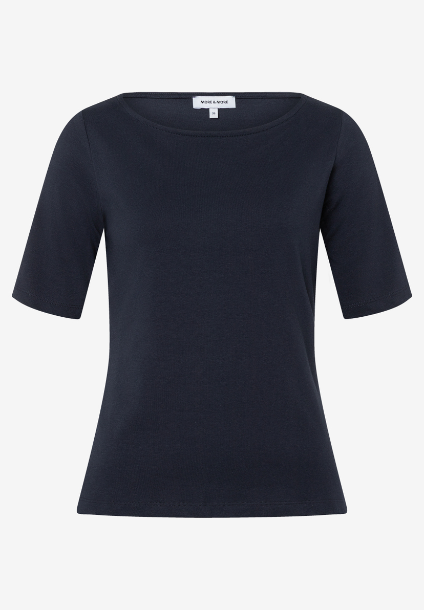 Ein marineblaues MORE & MORE T-Shirt mit kurzen Ärmeln und Jersey-Material. Ein marineblaues MORE & MORE T-Shirt mit kurzen Ärmeln und Jersey-Material.