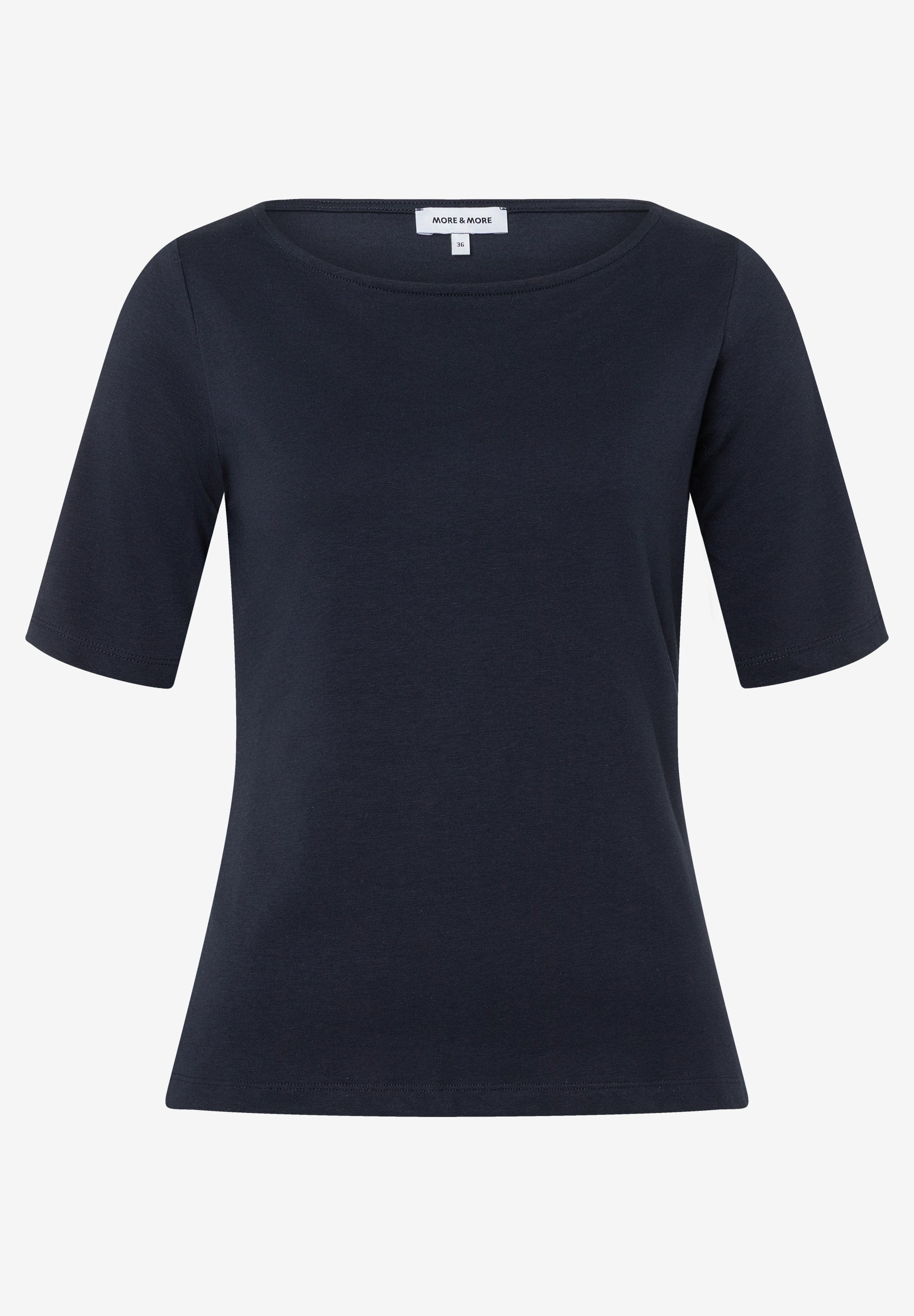 Ein marineblaues MORE & MORE T-Shirt mit kurzen Ärmeln und Jersey-Material. Ein marineblaues MORE & MORE T-Shirt mit kurzen Ärmeln und Jersey-Material.