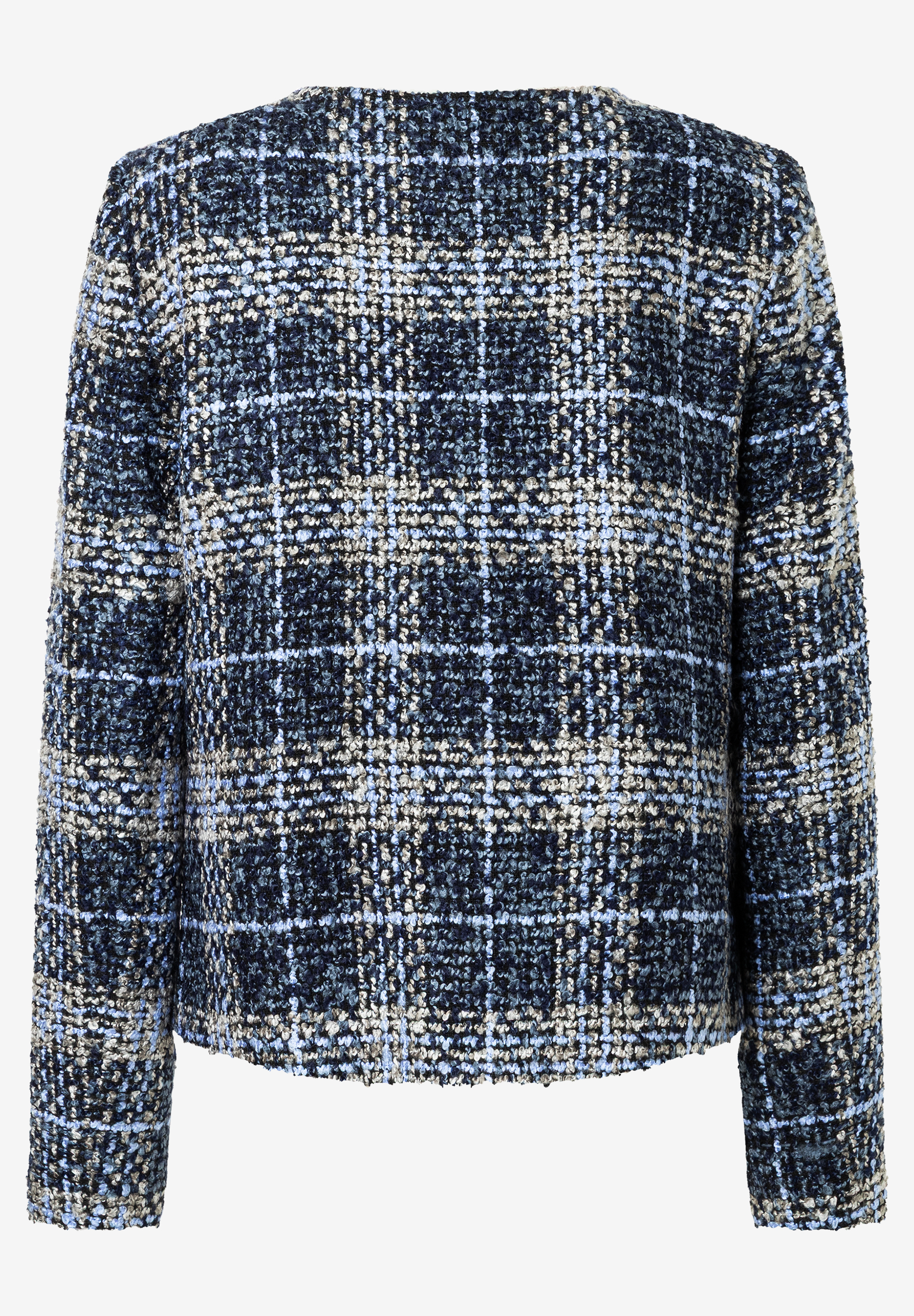 Die blaue Bouclé-Jacke von MORE & MORE hat ein Karomuster. Die blaue Bouclé-Jacke von MORE & MORE hat ein Karomuster.