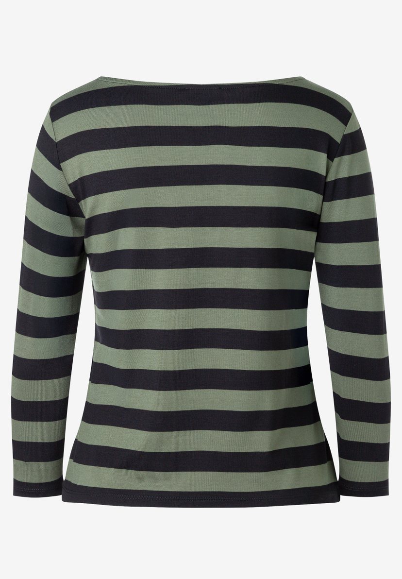 MORE & MORE Damen Langarmshirt mit Querstreifen in Olivgrün und Schwarz, Rückansicht.