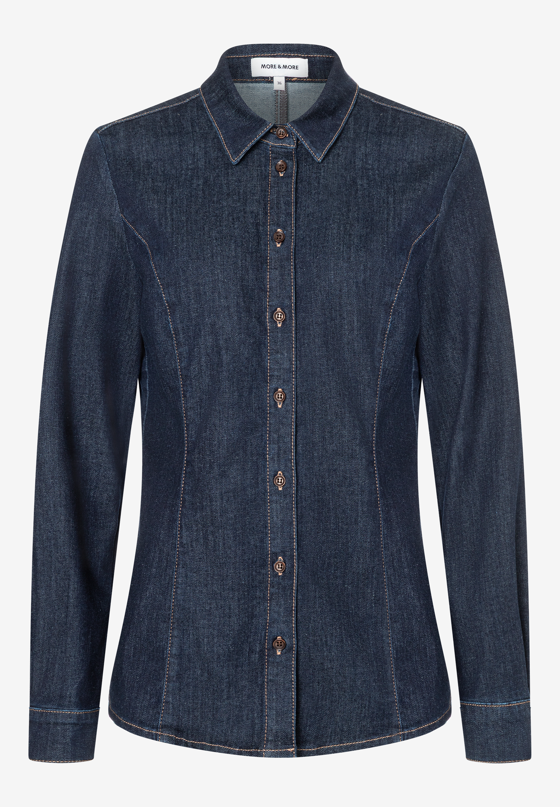 Eine dunkelblaue MORE & MORE Bluse mit langen Ärmeln und braunen Knöpfen. Eine dunkelblaue MORE & MORE Bluse mit langen Ärmeln und braunen Knöpfen.
