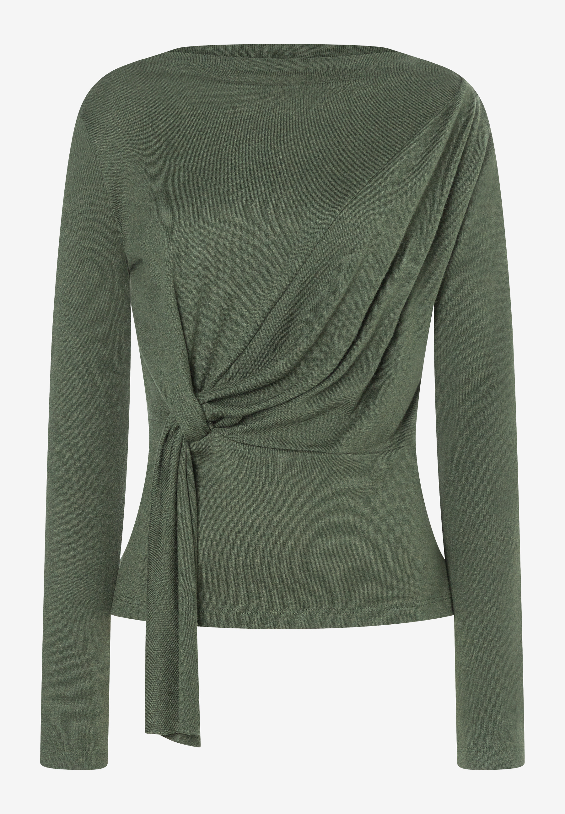 MORE & MORE Damen Longsleeve in Dunkelgrün, gerippt mit Wickeldetail und Knoten an der Taille. Enganliegender Rundhalsausschnitt.