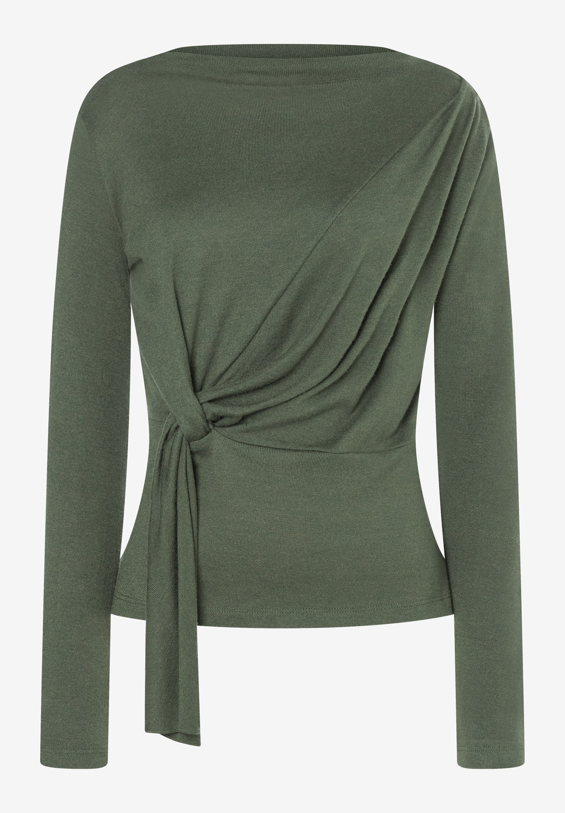 MORE & MORE Damen Longsleeve in Dunkelgrün, gerippt mit Wickeldetail und Knoten an der Taille. Enganliegender Rundhalsausschnitt.