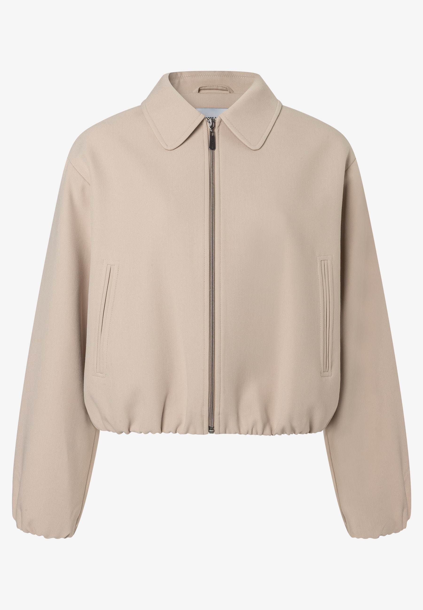 MORE & MORE Kurz-Blazer in Beige mit Reißverschluss, zwei Taschen und einem Kragen.