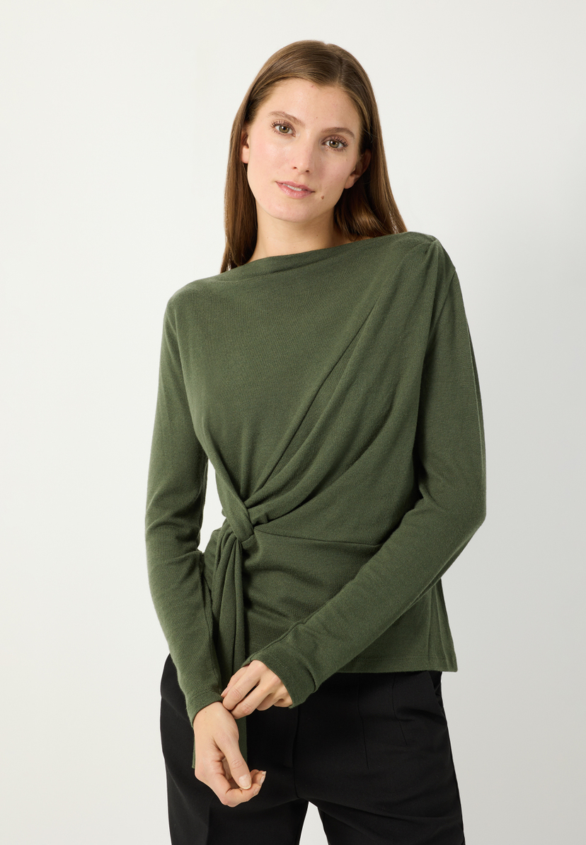 MORE & MORE Jersey-Oberteil in Khaki mit Twist-Detail und weitem Rundhalsausschnitt, langärmlig MORE & MORE Jersey-Oberteil in Khaki mit Twist-Detail und weitem Rundhalsausschnitt, langärmlig
