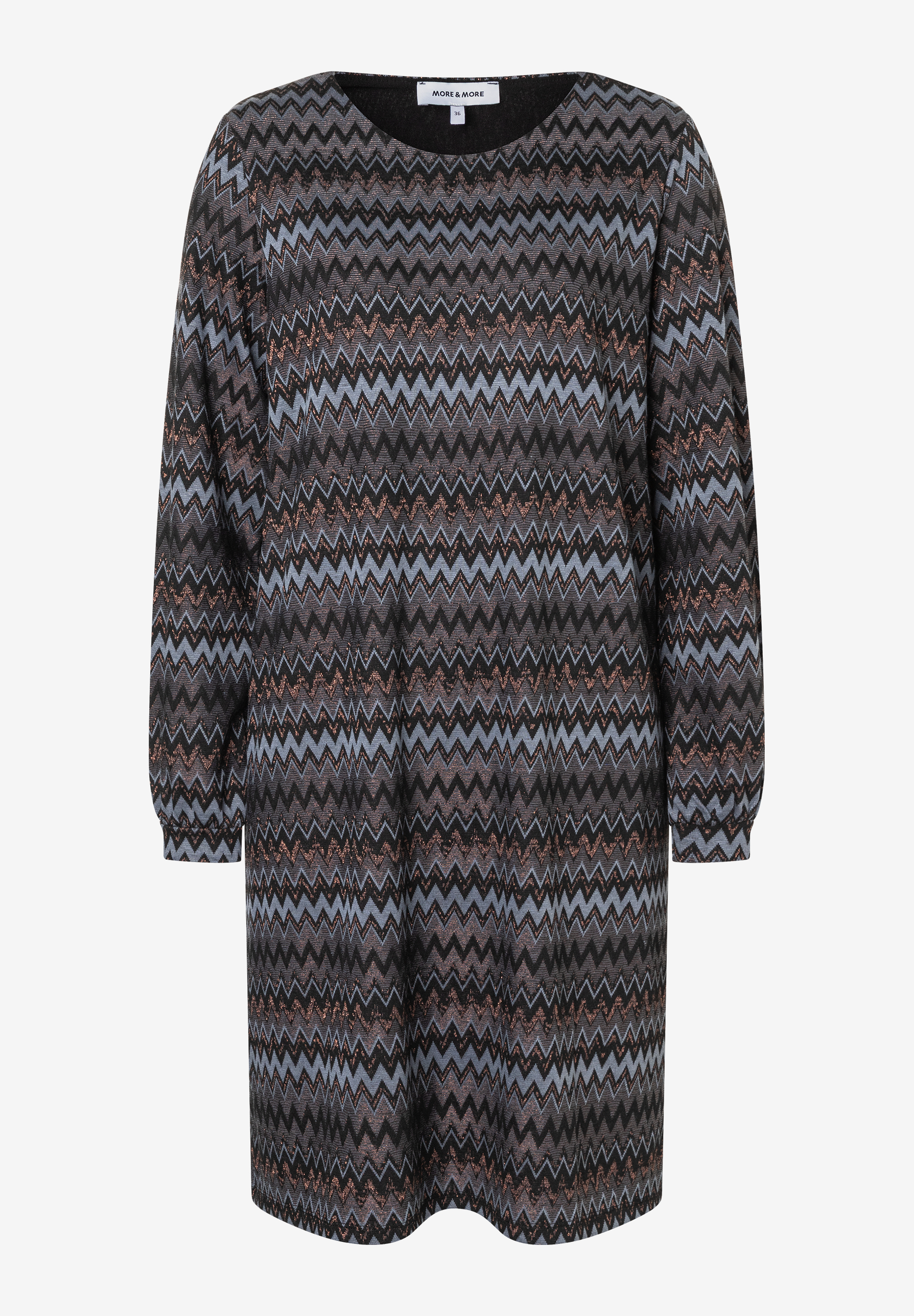 Ein MORE & MORE Oberteil, ein kurzes Kleid mit Zickzackmuster in Schwarz, Grau und Kupfer mit langen Ärmeln. Ein MORE & MORE Oberteil, ein kurzes Kleid mit Zickzackmuster in Schwarz, Grau und Kupfer mit langen Ärmeln.