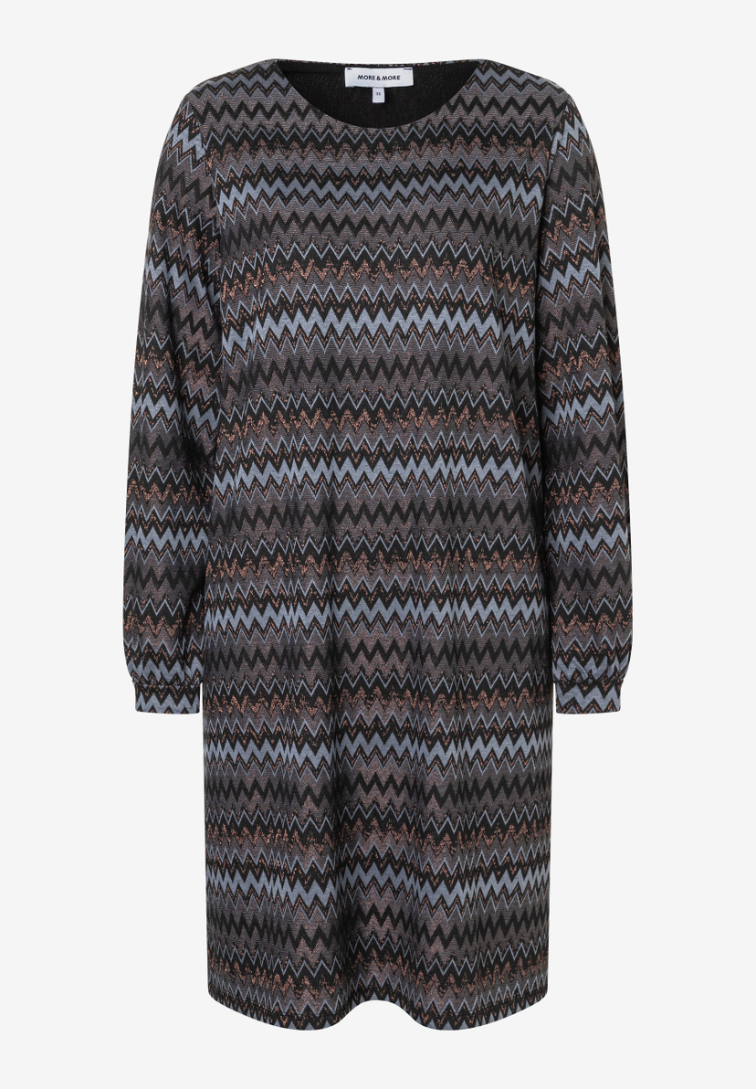 Ein MORE & MORE Oberteil, ein kurzes Kleid mit Zickzackmuster in Schwarz, Grau und Kupfer mit langen Ärmeln. Ein MORE & MORE Oberteil, ein kurzes Kleid mit Zickzackmuster in Schwarz, Grau und Kupfer mit langen Ärmeln.
