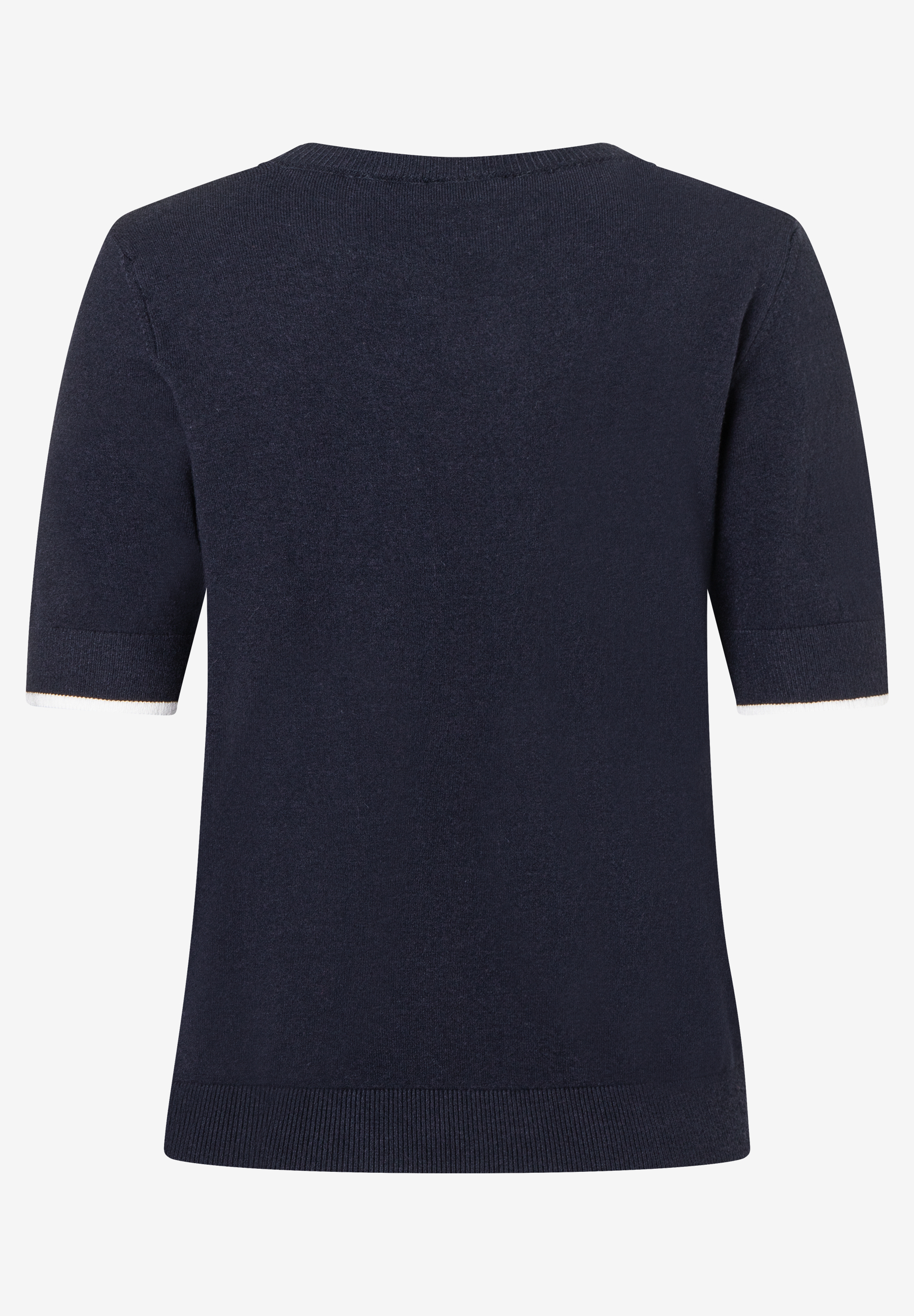 Ein marineblauer Feinstrick-Pullover von MORE & MORE mit kurzen Ärmeln und weißem Saum. Ein marineblauer Feinstrick-Pullover von MORE & MORE mit kurzen Ärmeln und weißem Saum.