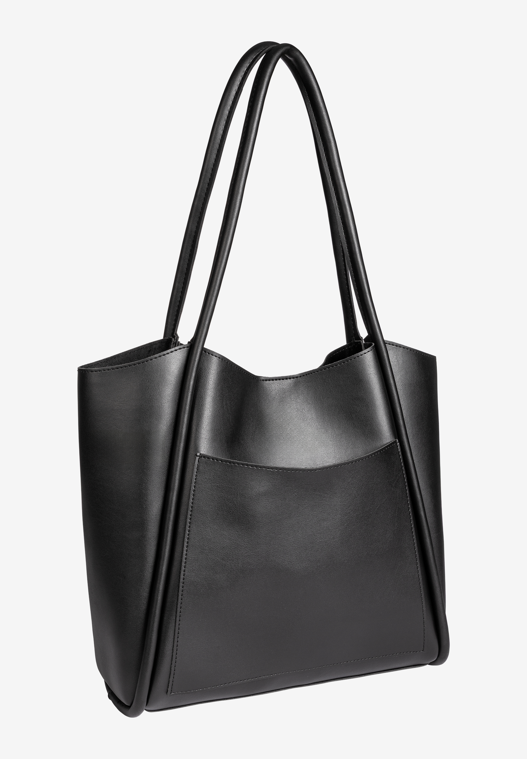 Eine schwarze MORE & MORE Handtasche mit Tragegriffen und Außentasche. Eine schwarze MORE & MORE Handtasche mit Tragegriffen und Außentasche.