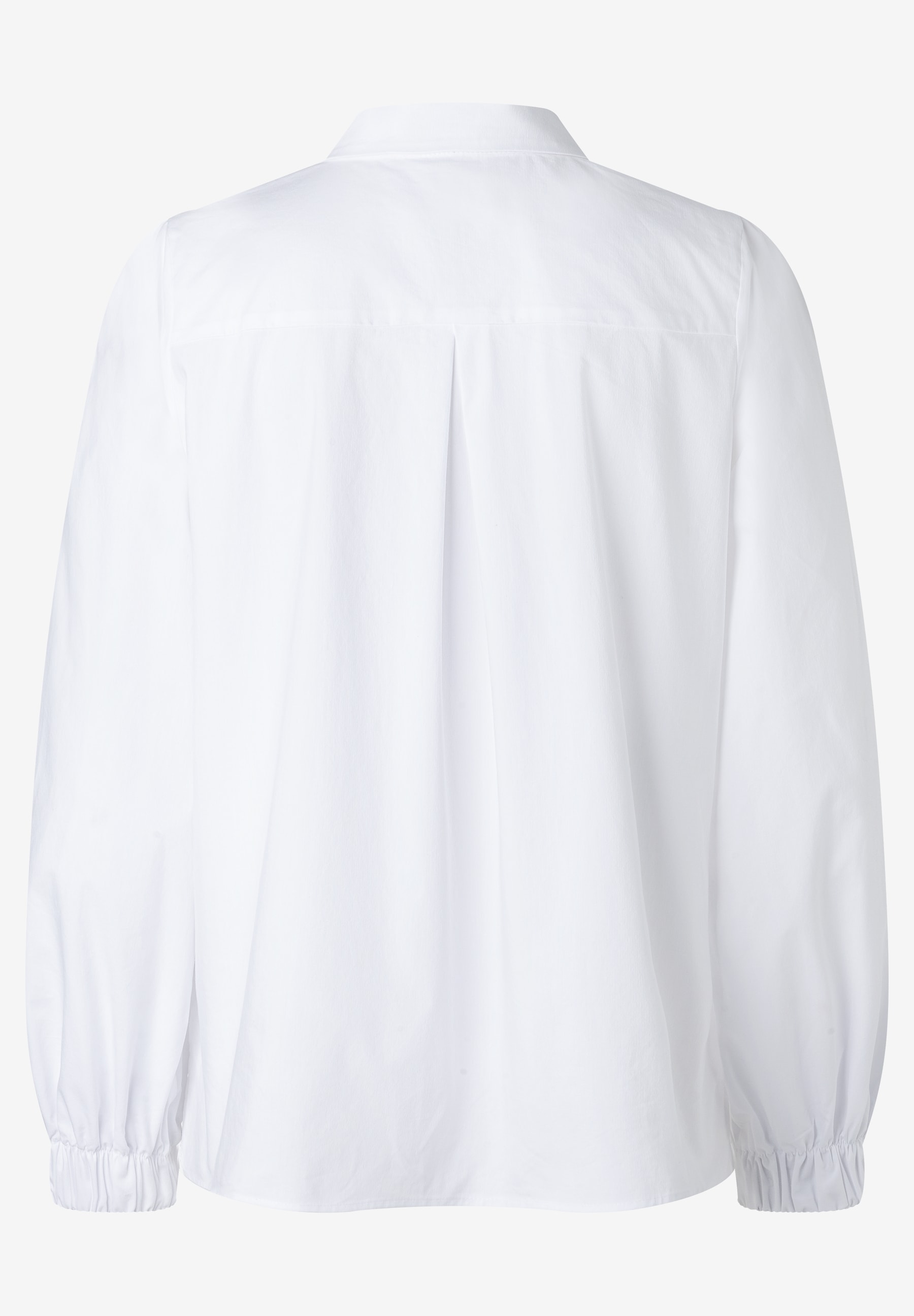 MORE & MORE Bluse in Weiß mit langen Ärmeln und gerafften Bündchen, Rückansicht. MORE & MORE Bluse in Weiß mit langen Ärmeln und gerafften Bündchen, Rückansicht.