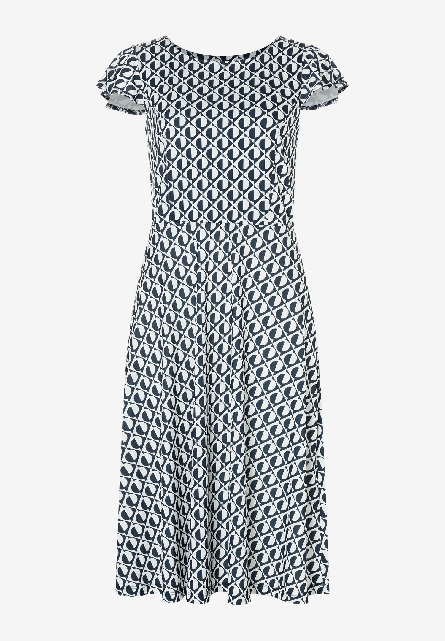 Ein blau-weißes Jersey-Kleid von MORE & MORE mit geometrischem Muster und kurzen Ärmeln. Ein blau-weißes Jersey-Kleid von MORE & MORE mit geometrischem Muster und kurzen Ärmeln.